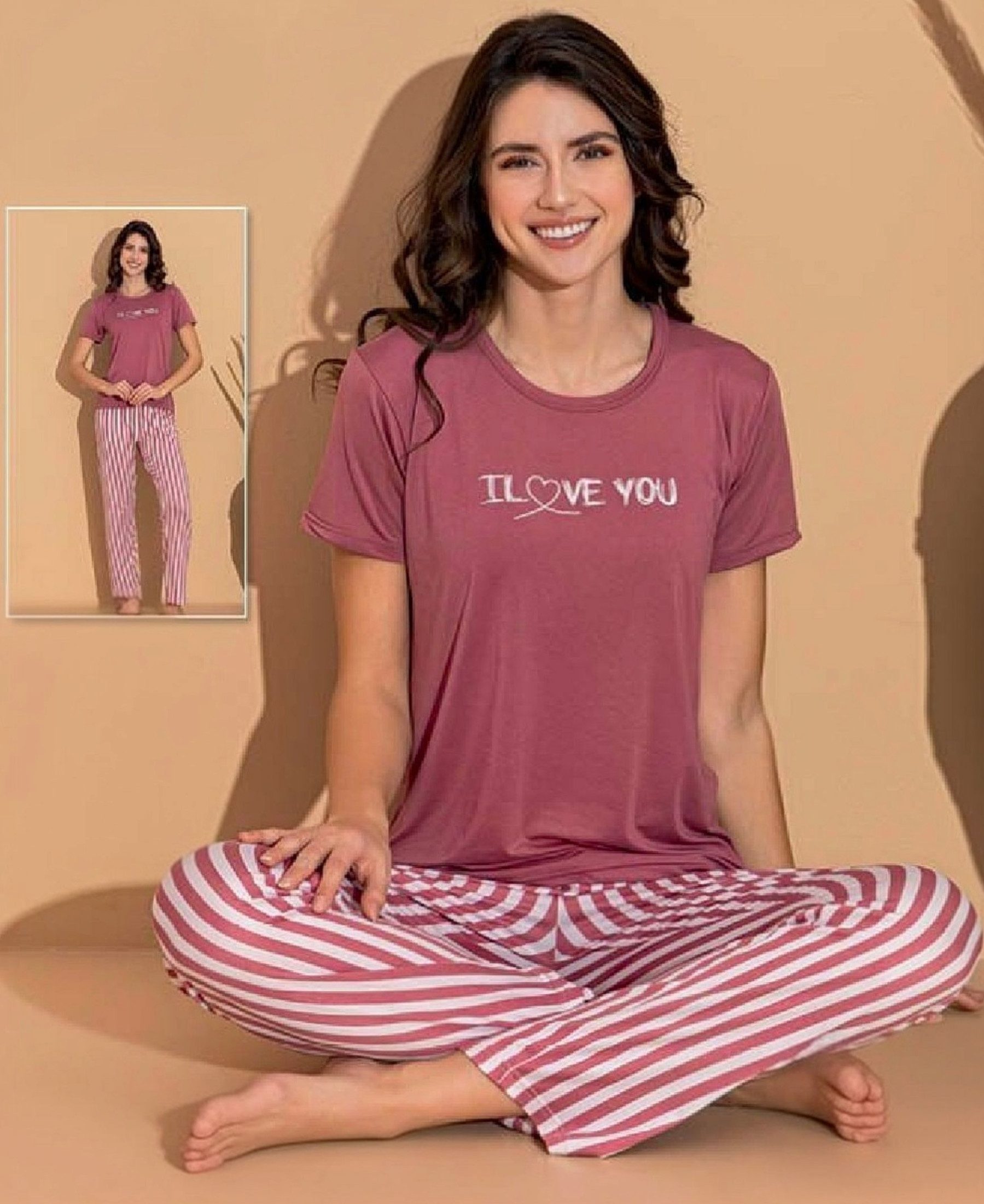 fashionshowcase Pyjama Damen Hausanzug - Schlafanzug mit T-Shirt & langer H günstig online kaufen