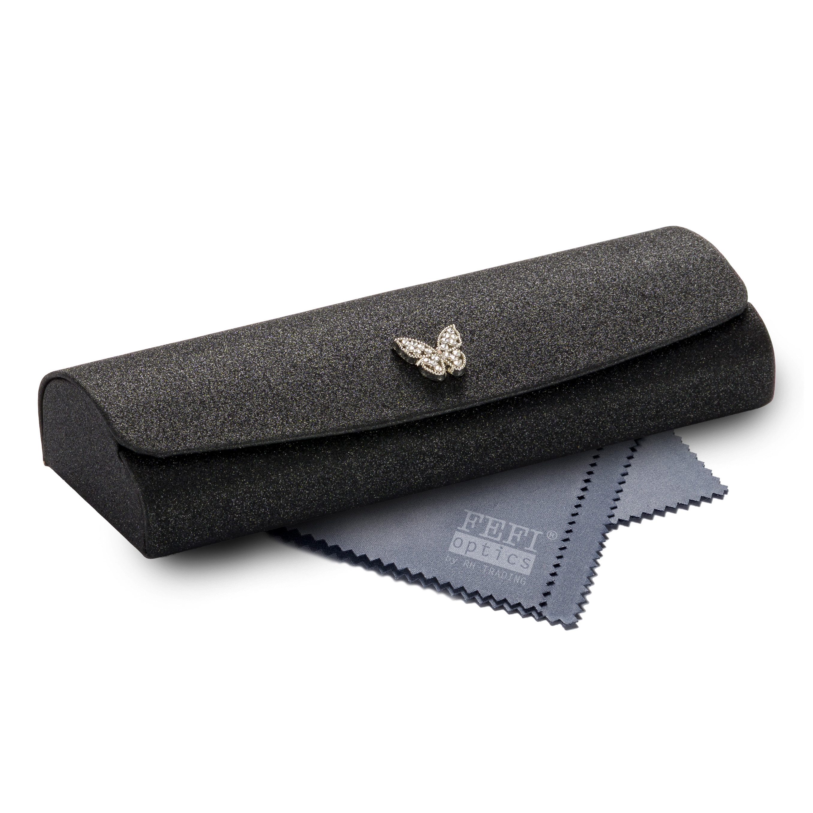 FEFI Brillenetui Hardcase - Applikation mit Strass Schmetterling - samtig glänzend, Set aus 1 Etui + hochwertigem Mikrofasertuch