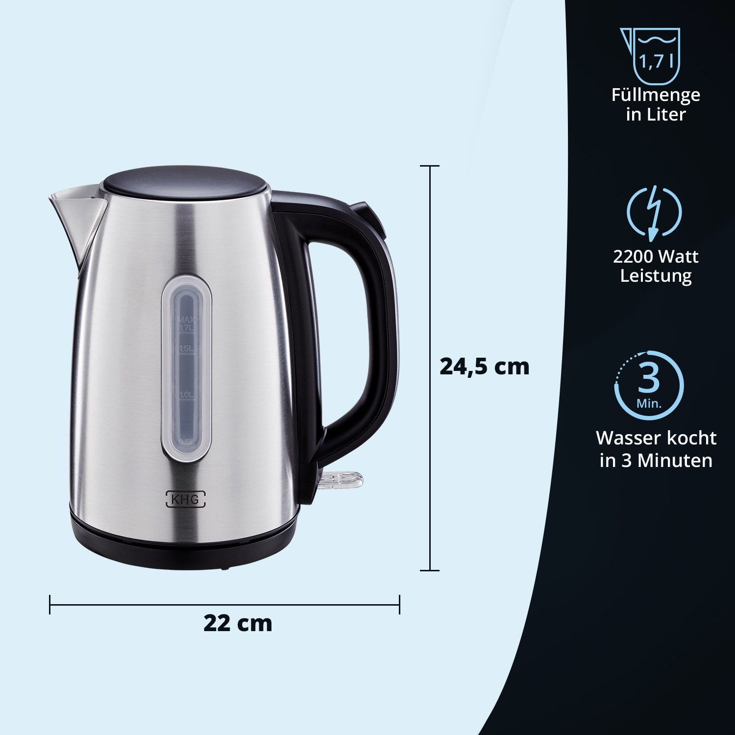 KHG Wasserkocher WK-172 ESS aus Edelstahl, 1,7 Liter Fassvermögen, Abschaltautomatik