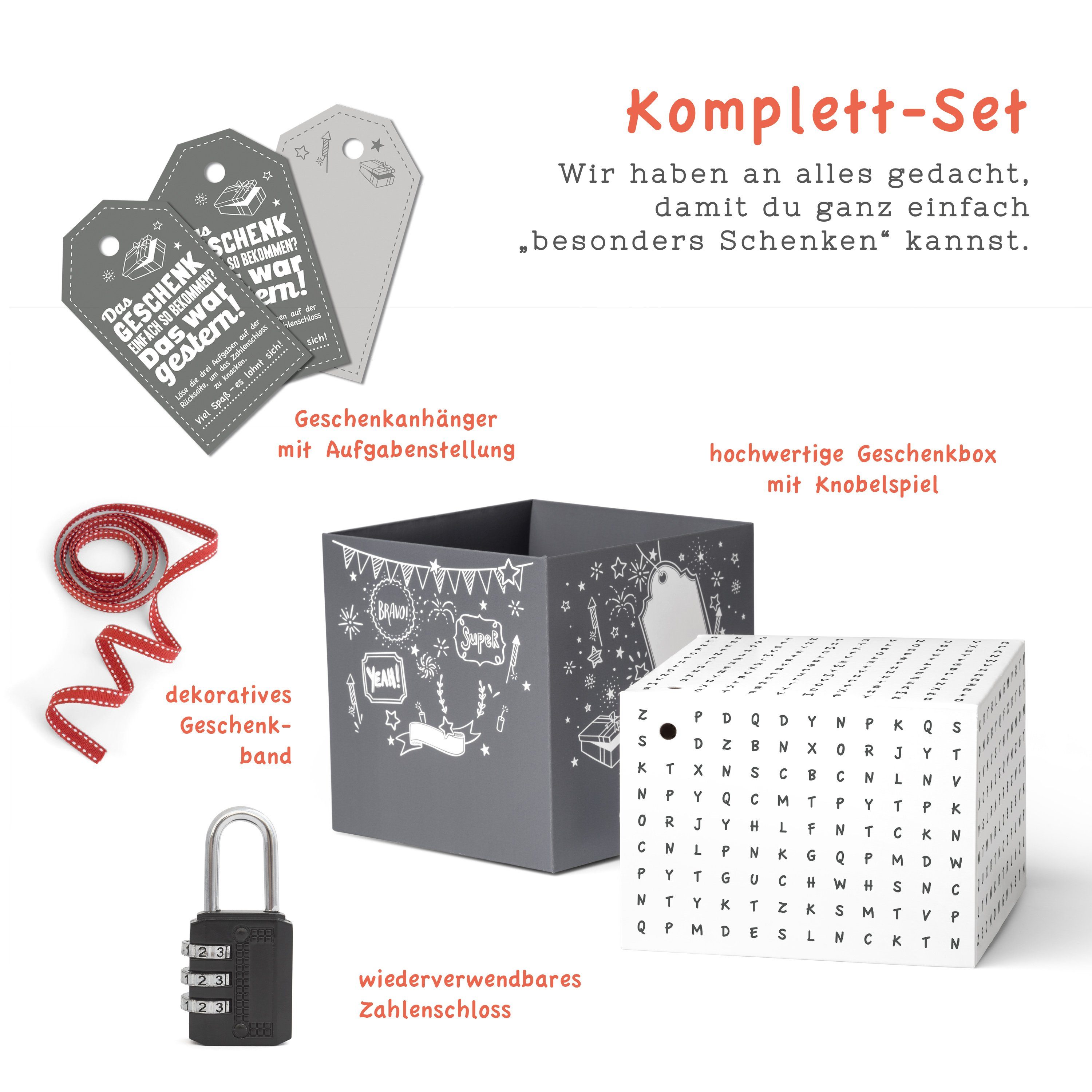 SURPRISA Geschenkbox Rätzel Geschenkbox, Geldgeschenk Verpackung & Gutschein Geschenk Box (inkl. 3-stelligem Zahlenschloss), Geschenkkarton Buchstaben-Rätsel, 12,5 x 12,5 x 12,5 cm, weiß