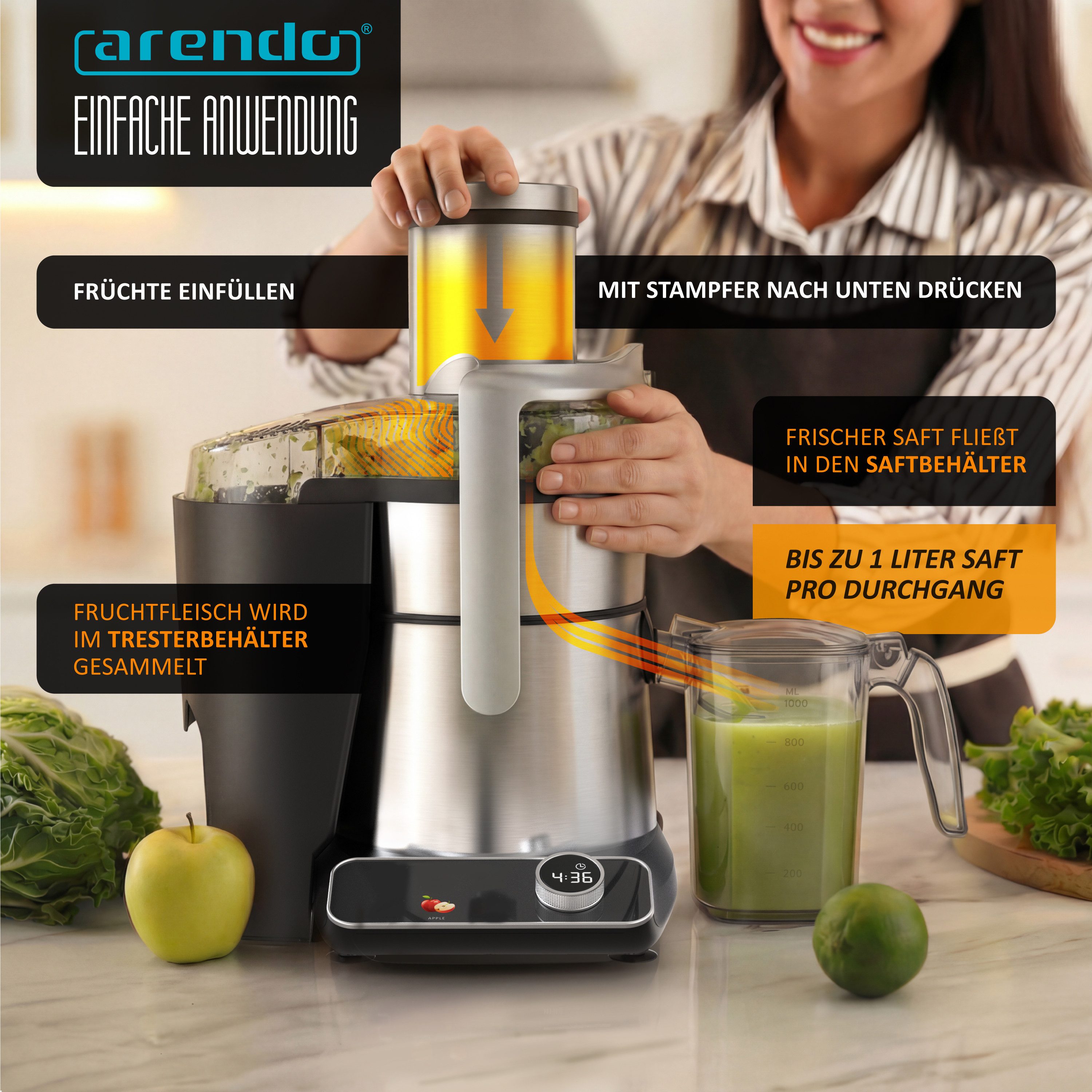 Arendo Zentrifugenentsafter Zentrifugaler Edelstahl Entsafter digital für Obst & Gemüse, BPA Frei, 1000 W, 85mm XXL-Einfüllschacht, 6 Programme, Display, Tropfstopp, Farbsymbole