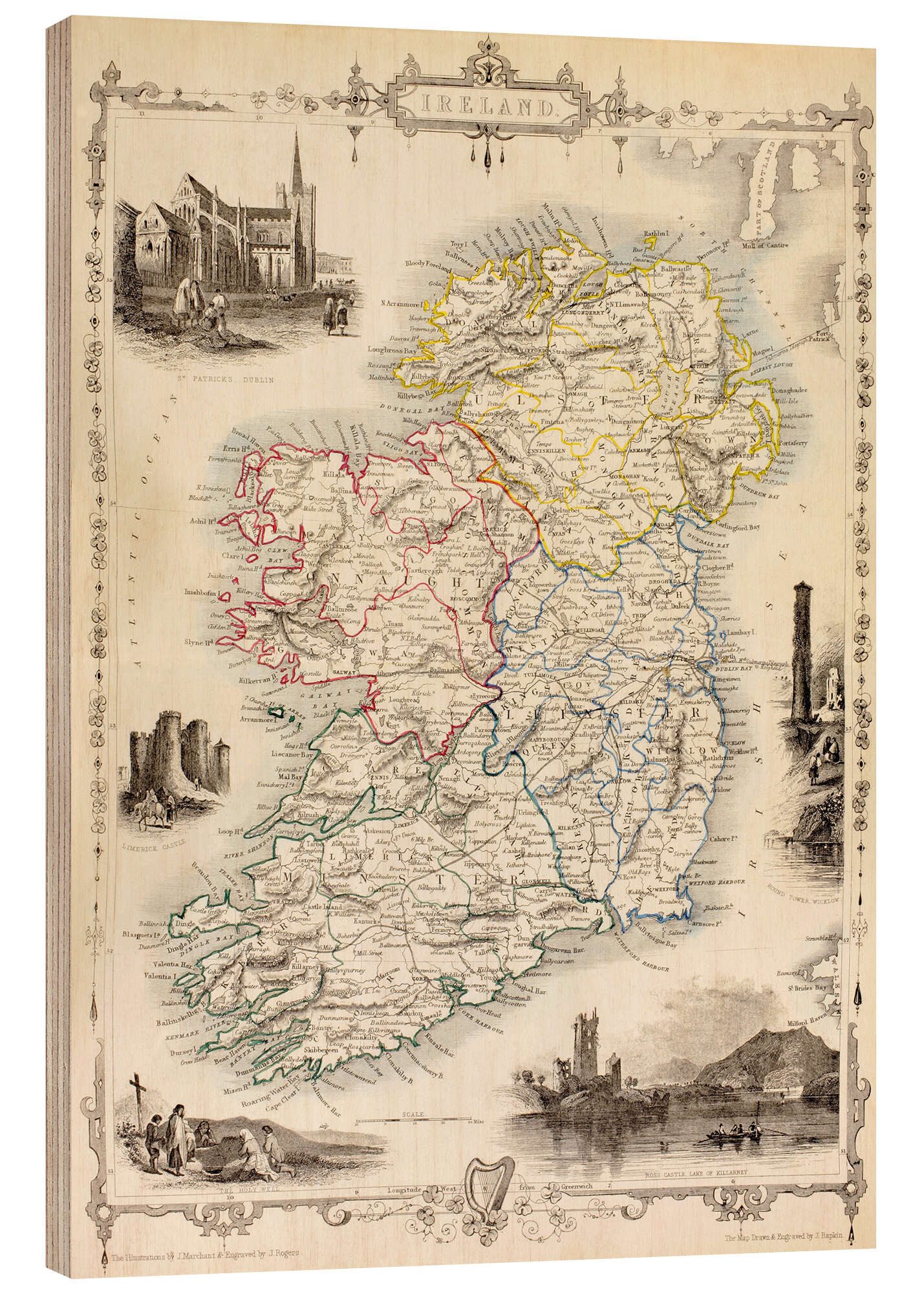 Posterlounge Holzbild Ken Welsh, Karte von Irland von Thomas Wright (18. Jh), Wohnzimmer Vintage Malerei