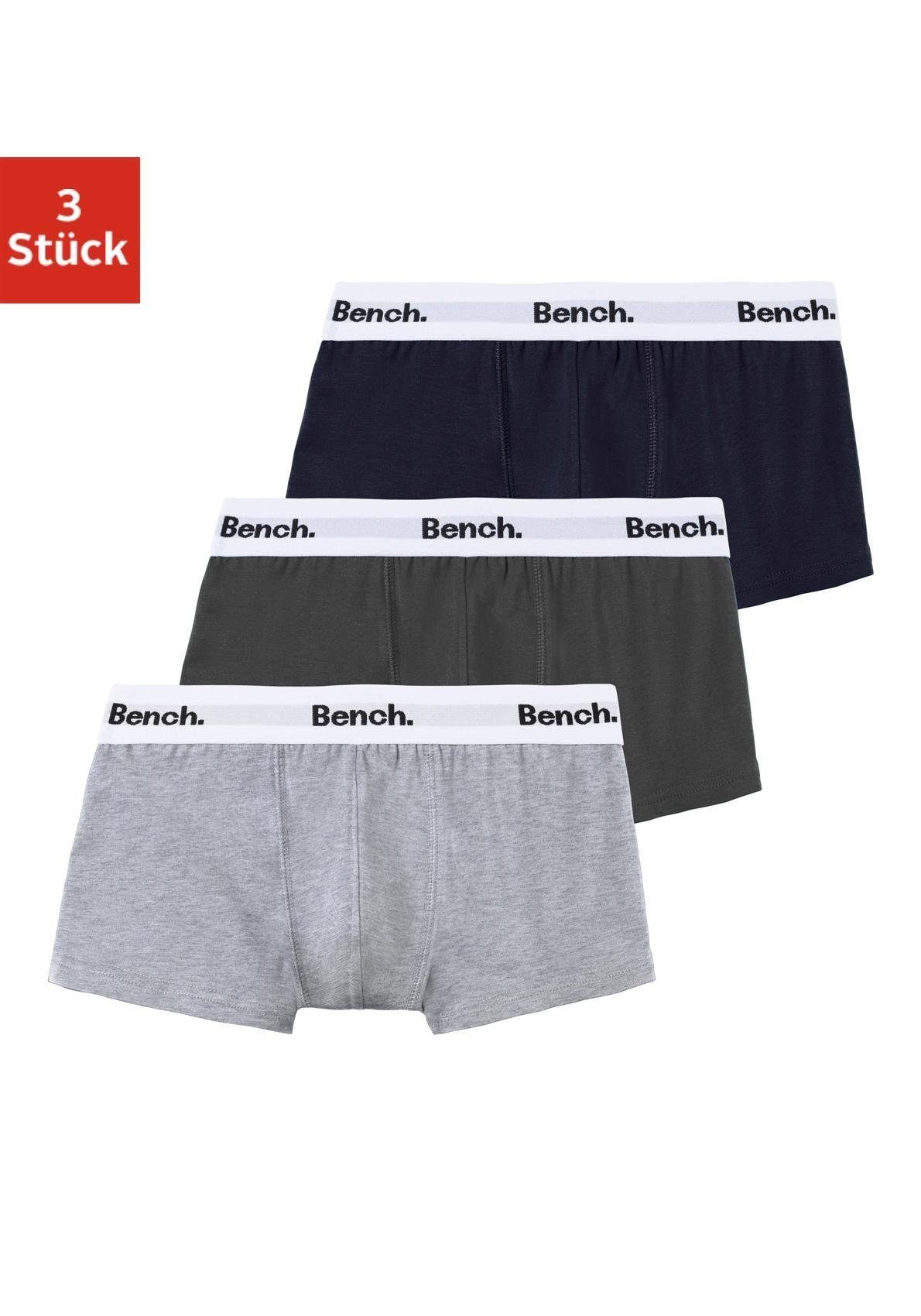 Bench. Boxer (Packung, 3-St) mit Bench grau-meliert, Schriftzug weißem navy anthrazit, Bund mit