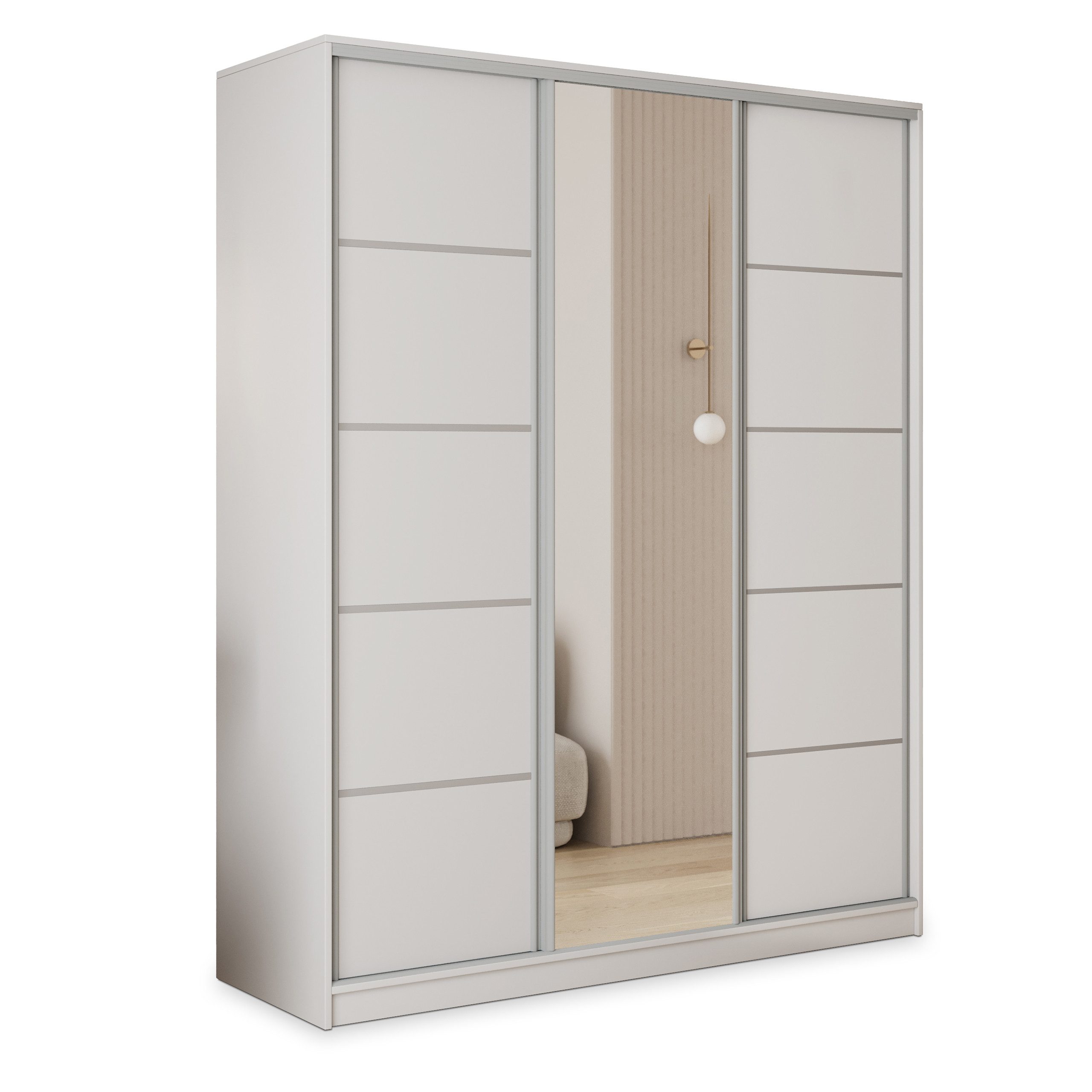 Masseno Schwebetürenschrank PINA 150 cm Kleiderschrank mit Spiegel 3 Türen und 4 Schubladen Weiß