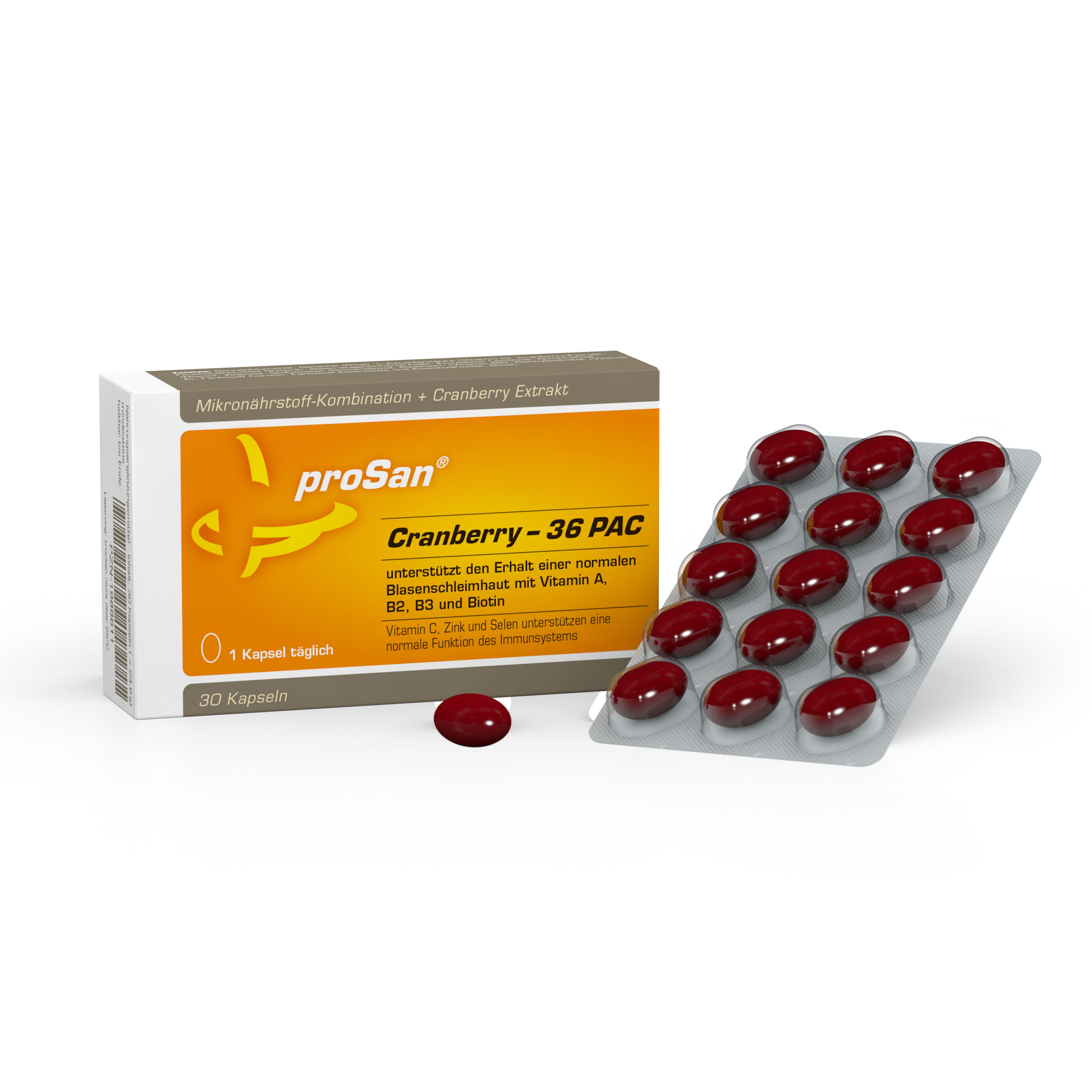 proSan Cranberry-36 PAC, 3x Stark, Für Blasenschleimhaut & Immunsystem, Kapseln, 30 St., 25 g