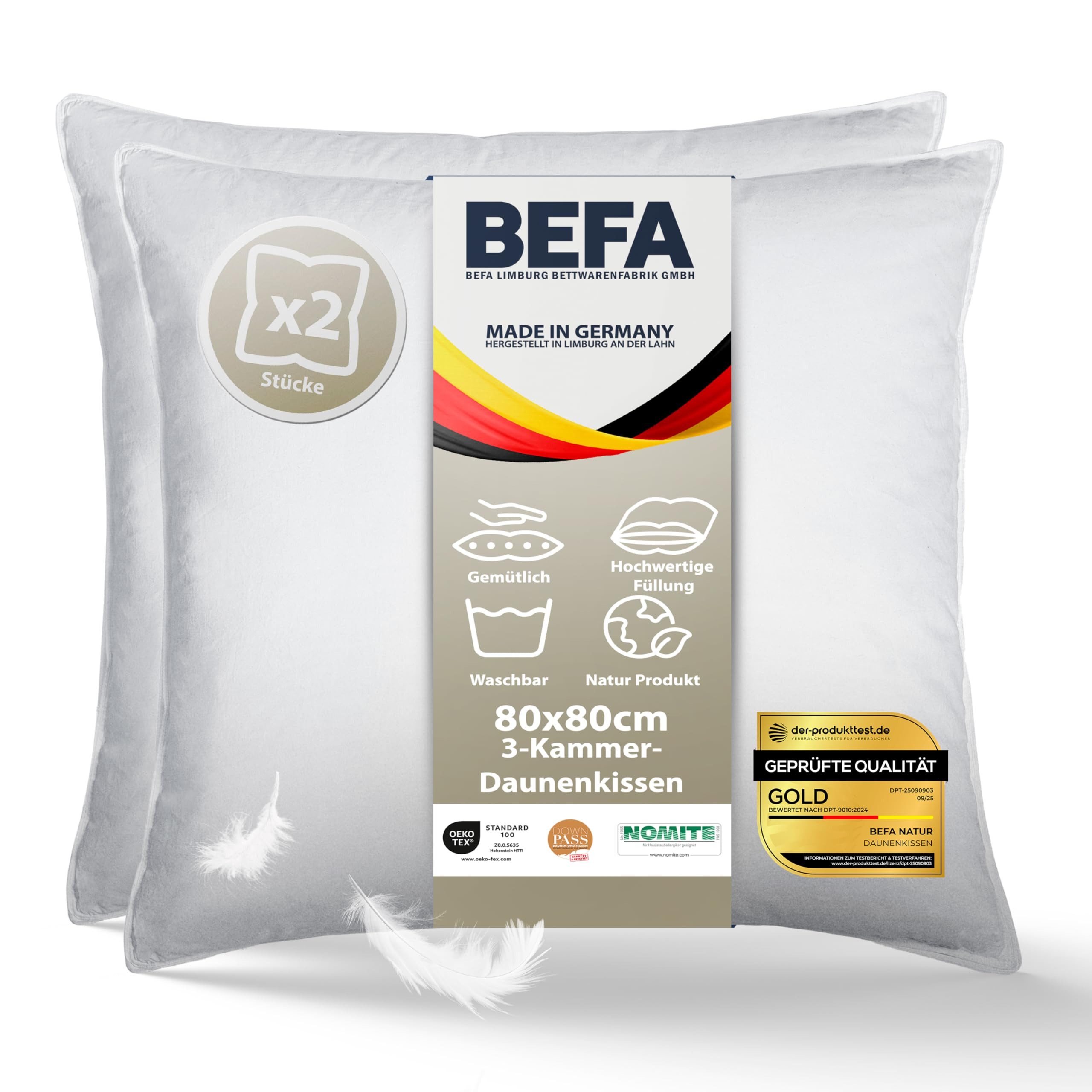 BEFA NATUR 3-Kammer-Kopfkissen TRÄUM SÜß - 3-Kammer-Kopfkissen Premium-Daunenkomfort, Füllung: Außen: 90% Daunen, 10% Federn - Innen: 100% Federn, Bezug: Baumwolle, Seitenschläfer, Rückenschläfer, Bauchschläfer, Spar-Set, Kopfkissen 2 tlg., Himmlisch weiche Premium-Daune für erholsamen Schlaf, Made in Germany