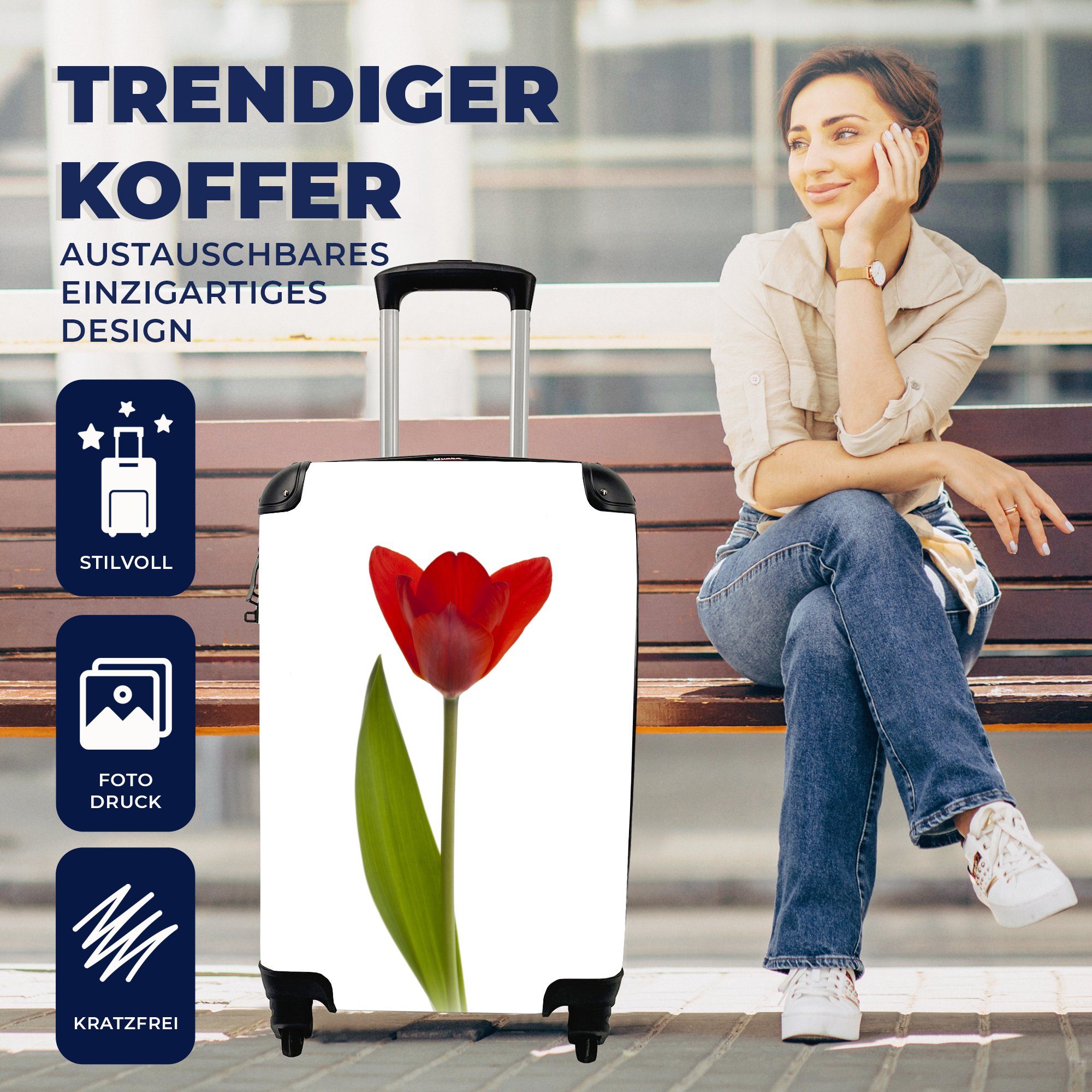 MuchoWow Reisetasche für Handgepäckkoffer rollen, vor Rote 4 Ferien, Trolley, Tulpe weißem Hintergrund, Rollen, Reisekoffer Handgepäck mit