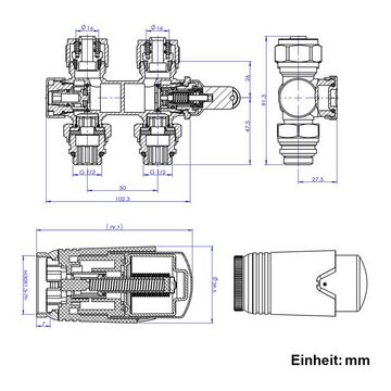 EMKE Heizkörperthermostat Multiblock Set für Heizkörper Anschlussarmatur Ventil mit Thermostat, für Heizkörper Handtuchtrockner Heizungzubehör Eck- und Durchgangsform