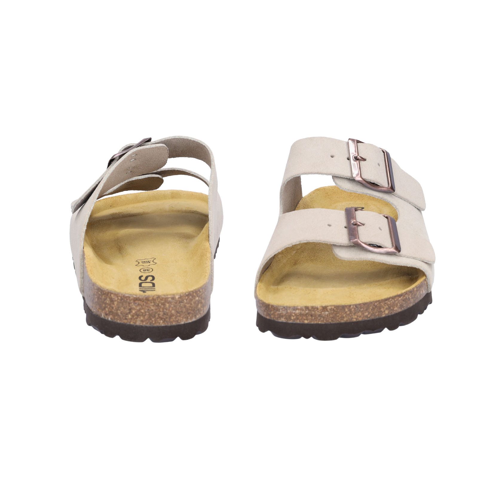 MIDS MOMO Damen Pantolette beige aus Velourleder, Zweiriemer mit ergonomischem Fußbett & Schnalle