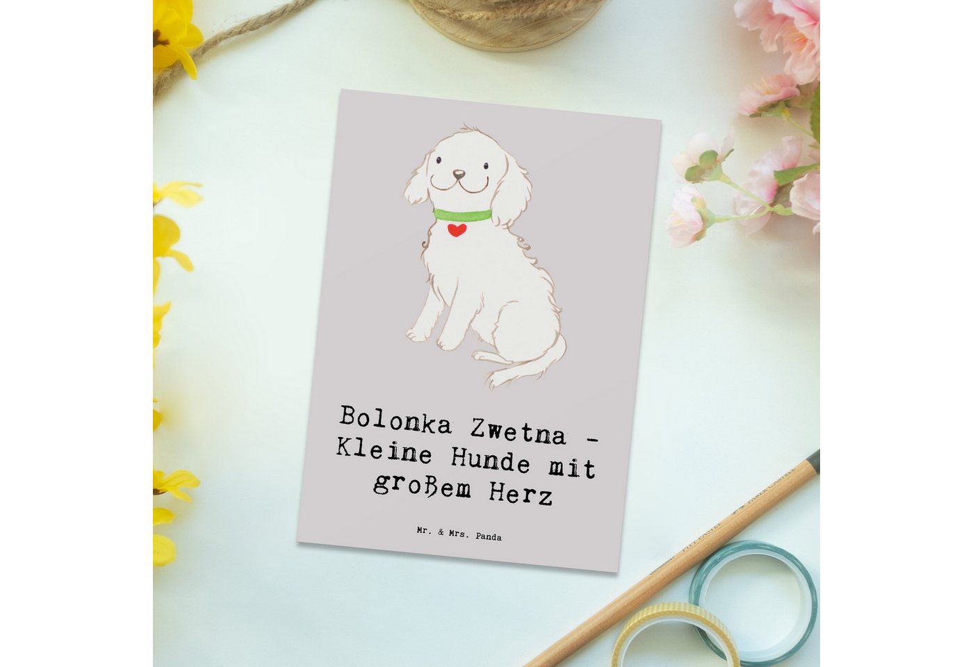 Thumbnail - Mr. & Mrs. Panda Postkarte Bolonka Zwetna Herz - Grau Pastell - Geschenk, Bolonka Zwetna Spruch