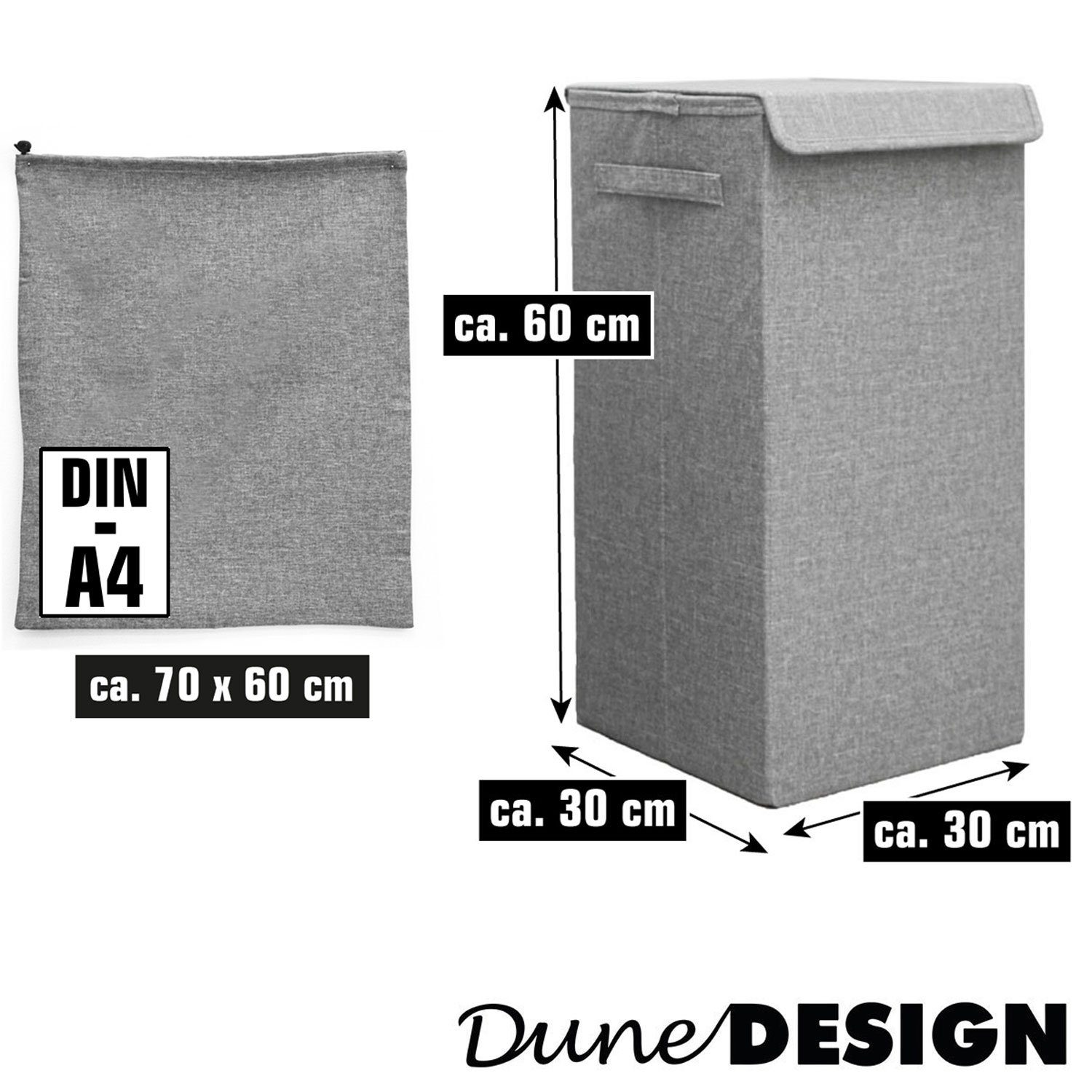 DuneDesign und 30x30x60, Wäschekorb Wäschesammler mit Wäschesack Grau Wäschekorb Faltbar 50L Deckel -
