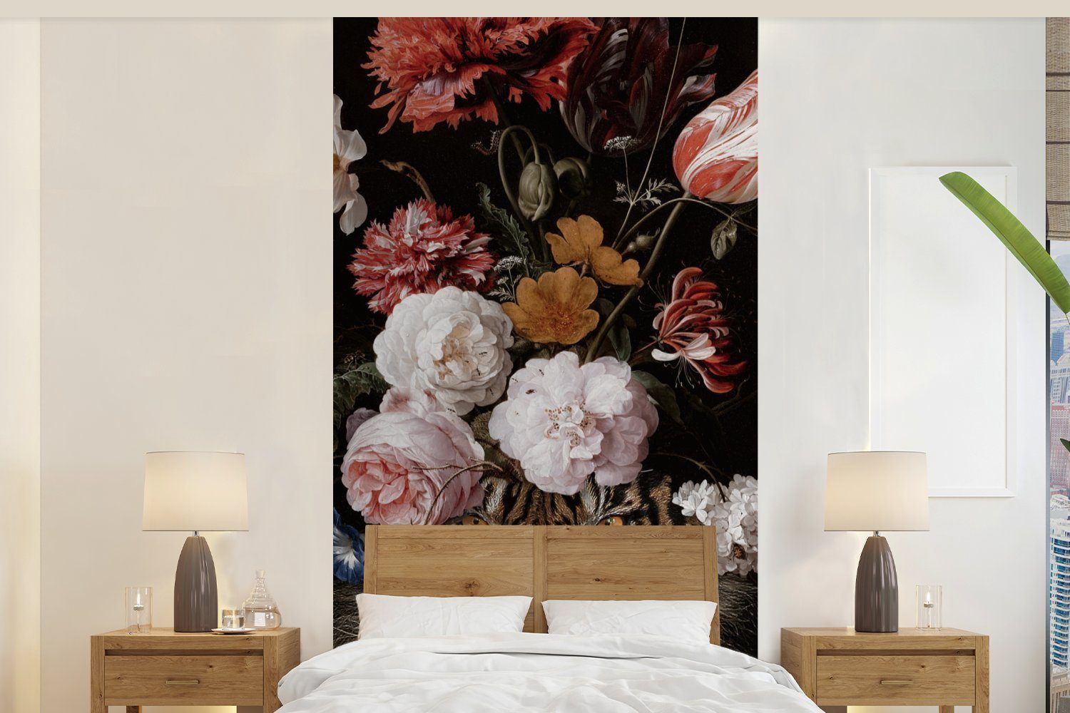 MuchoWow Fototapete Tiger - Blumen - Kunst, Matt, bedruckt, (2 St), Vliestapete für Wohnzimmer Schlafzimmer Küche, Fototapete