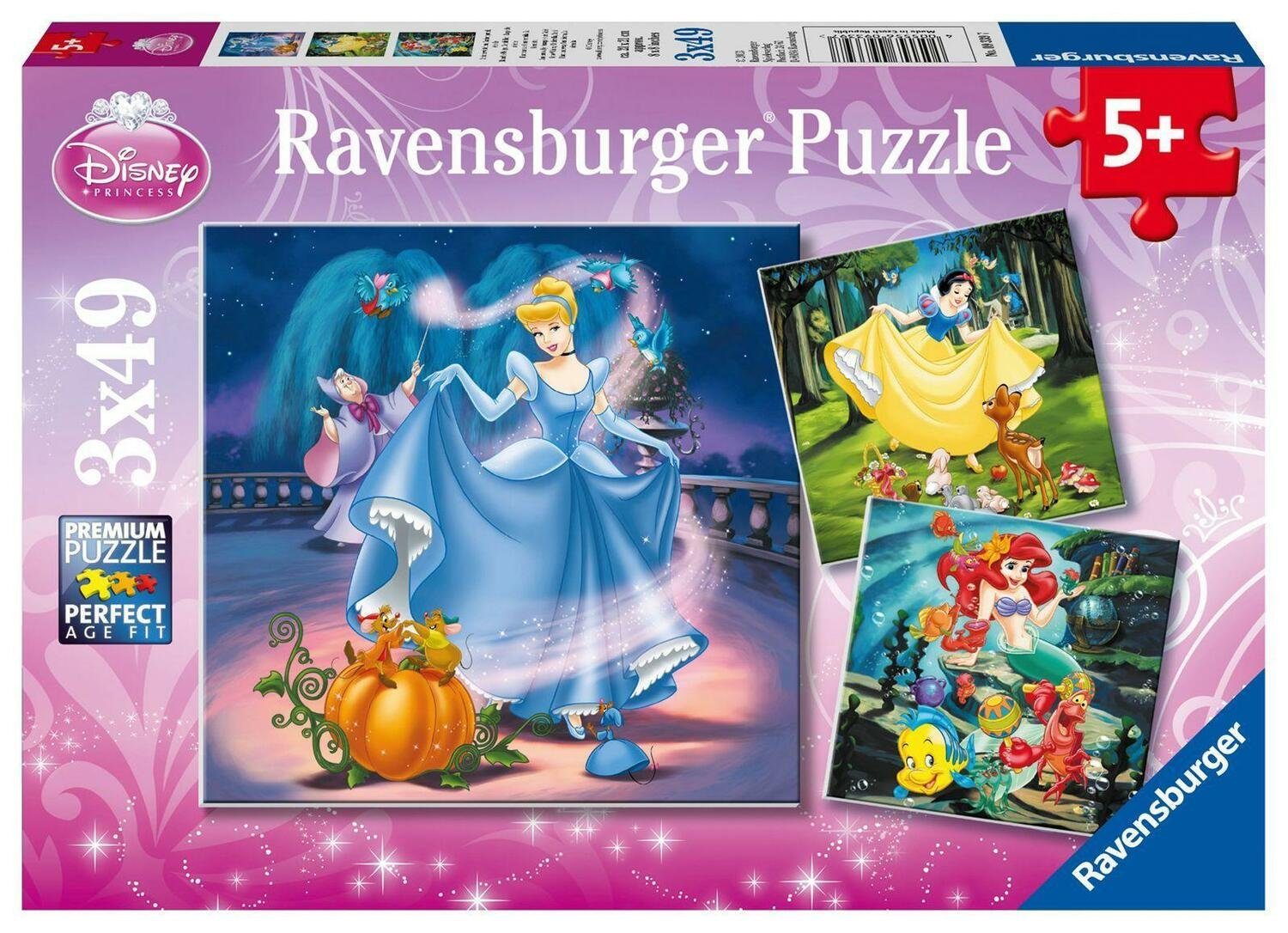 3 Ravensburger x..., Puzzle Puzzleteile Aschenputtel, Arielle. Princess: Puzzle Schneewittchen, 49 Disney