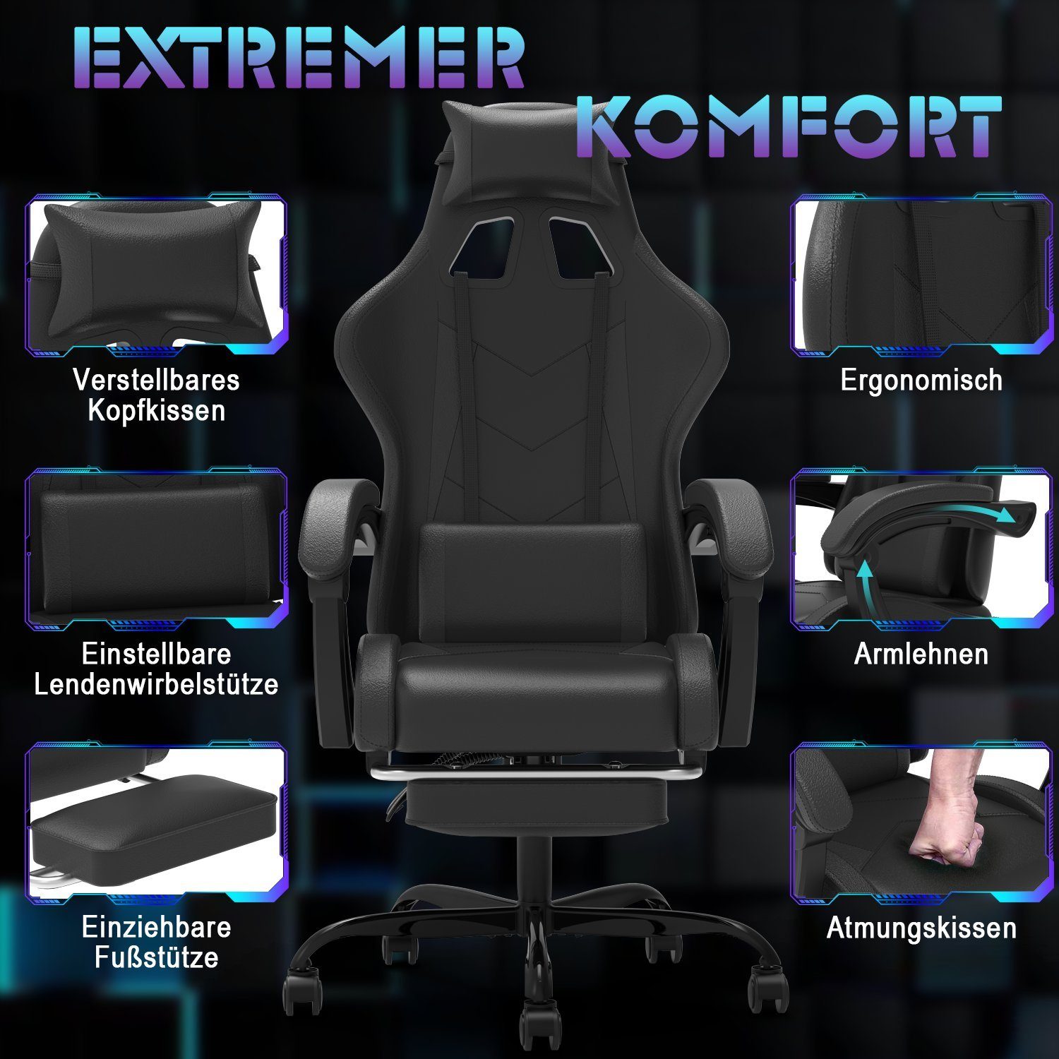 Stuhl Chair einstellbar Gaming Fußstütze, Massage 90-135° GUNJI Rückenlehne Schwarz mit Gaming