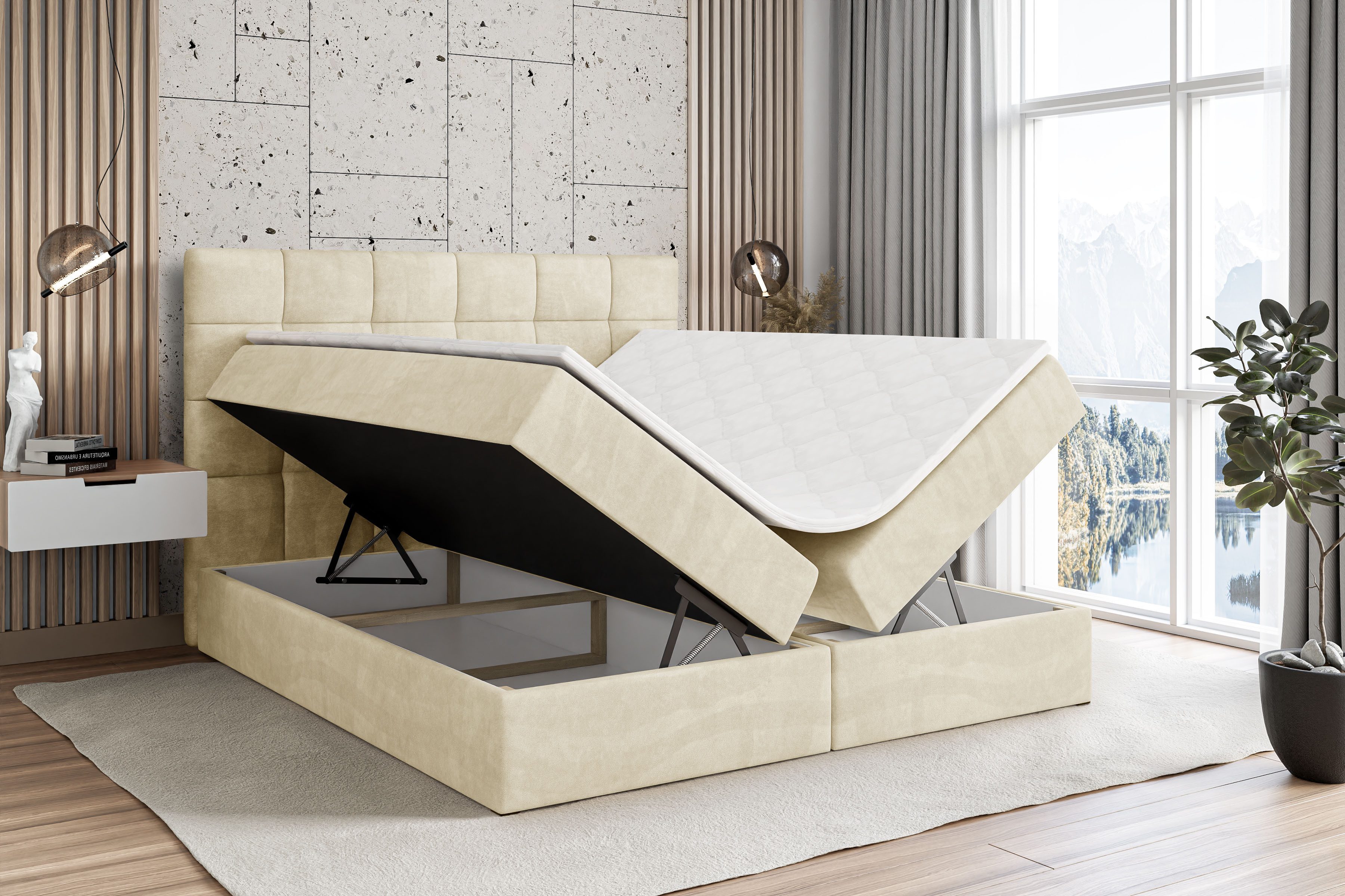 ALTDECOR Boxbett BRUGO (mit Matratze Lattenrost Topper Polsterbett mit Bettkasten Doppelbett), H4 Multipocket / H3 Bonellfederung, Springboxbett Boxspringbett