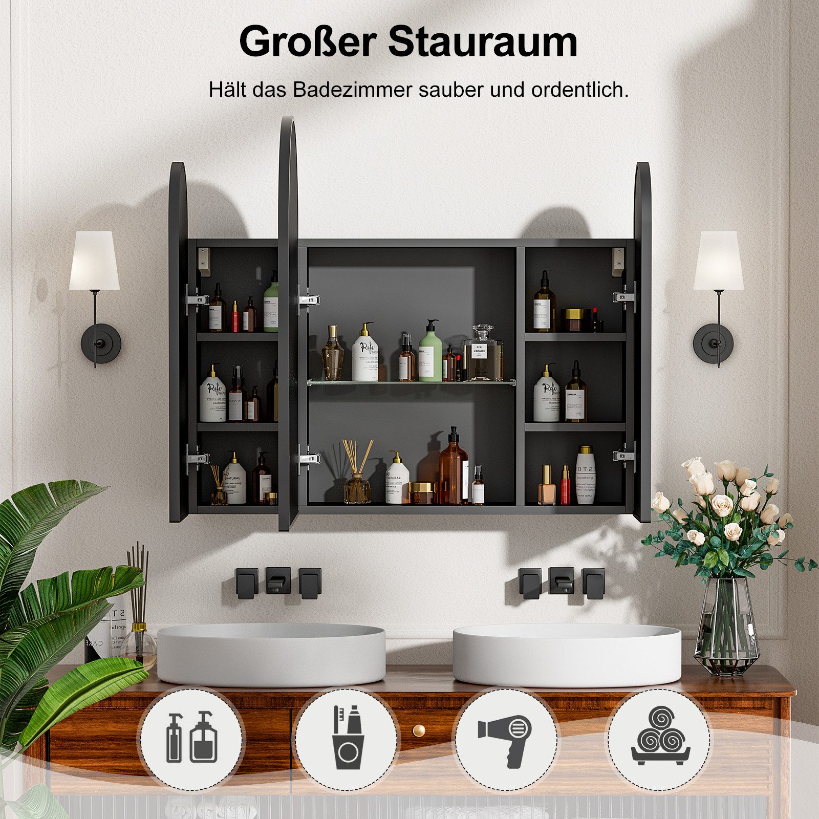 radelldar Badezimmerspiegelschrank Wandschrank mit Stauraum, HD-Spiegel Schrank (1-St) 3-türiger Bogen-Spiegelschrank, 80x70 cm – Bild 4 von 5