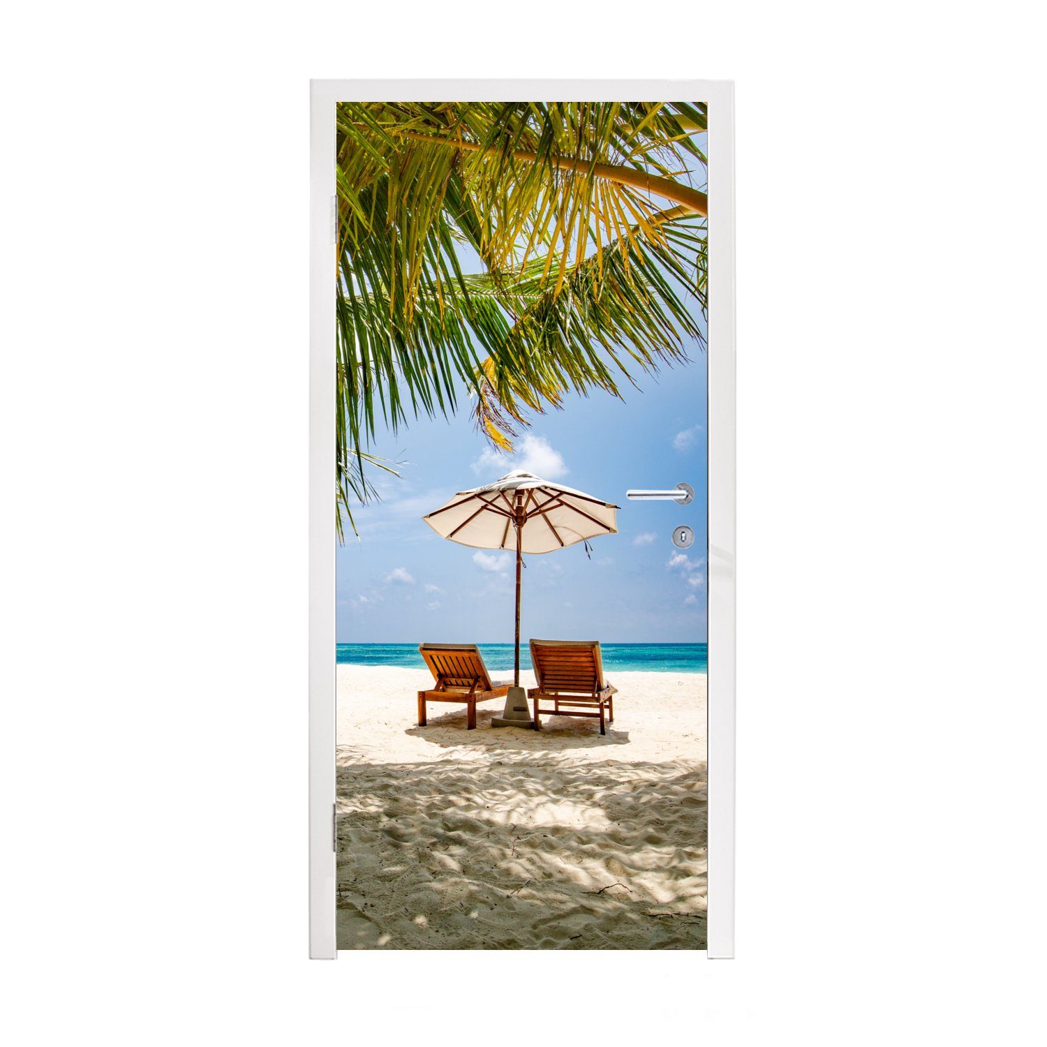 MuchoWow Türtapete Strand - Strandkorb - Sonnenschirm, Matt, bedruckt, (1 St), Fototapete für Tür, Türaufkleber, 75x205 cm