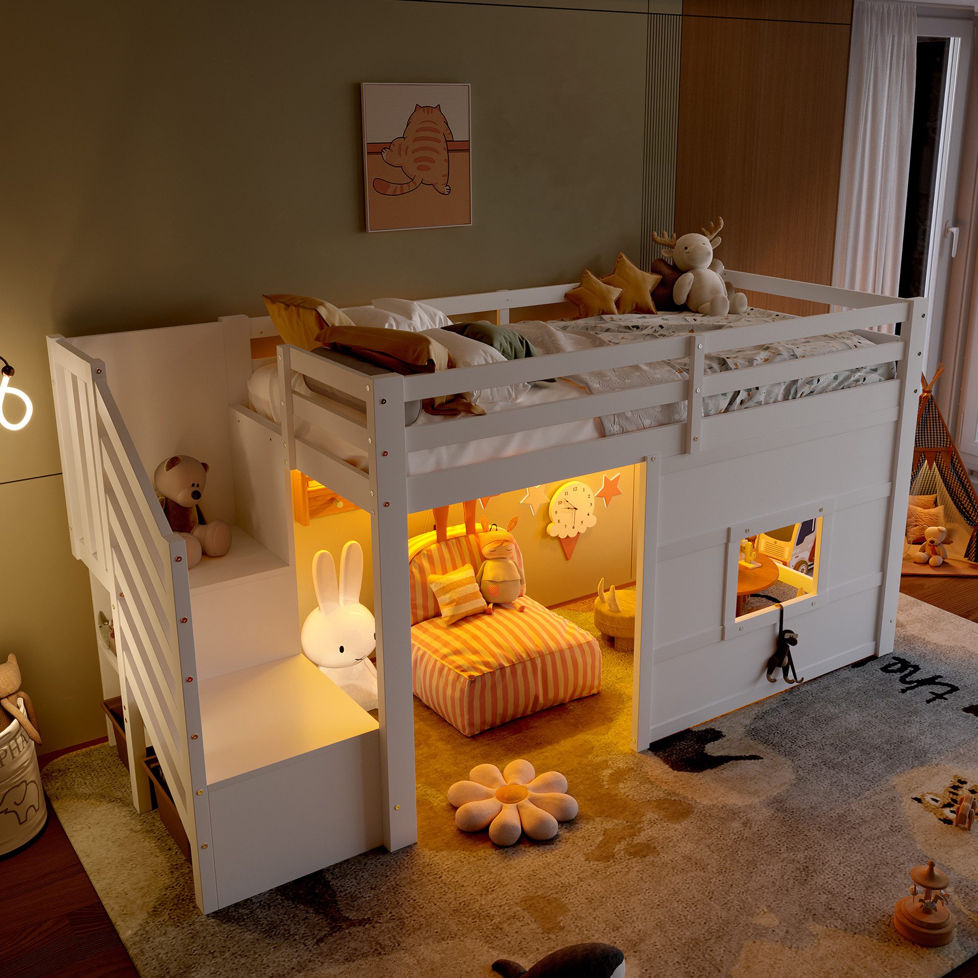 Flieks Hochbett Fenster-Form Kinderbett Holzbett 90x200cm mit LED und Staur günstig online kaufen