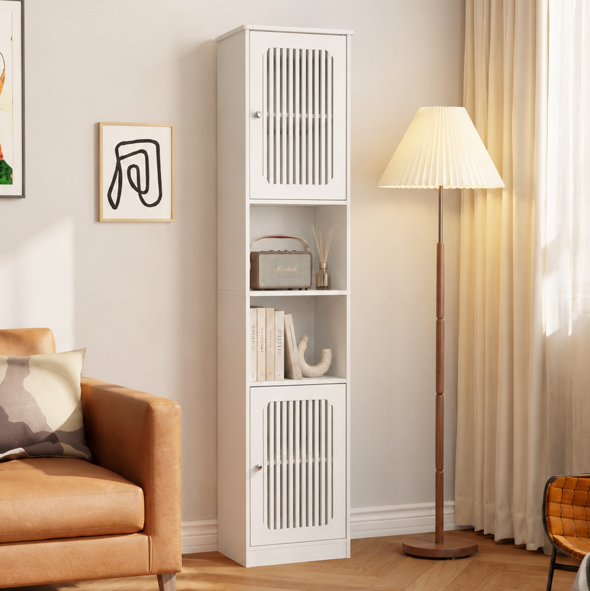 OKWISH Badkommode 163 cm Badezimmerschrank Weiß hoch mit Lamellentür Design (Packung, 1 St., Schmaler Hochschrank mit mehreren Fächern für Badezimmer), Stehender Badschrank mit verstellbaren Regalböden Stauraum