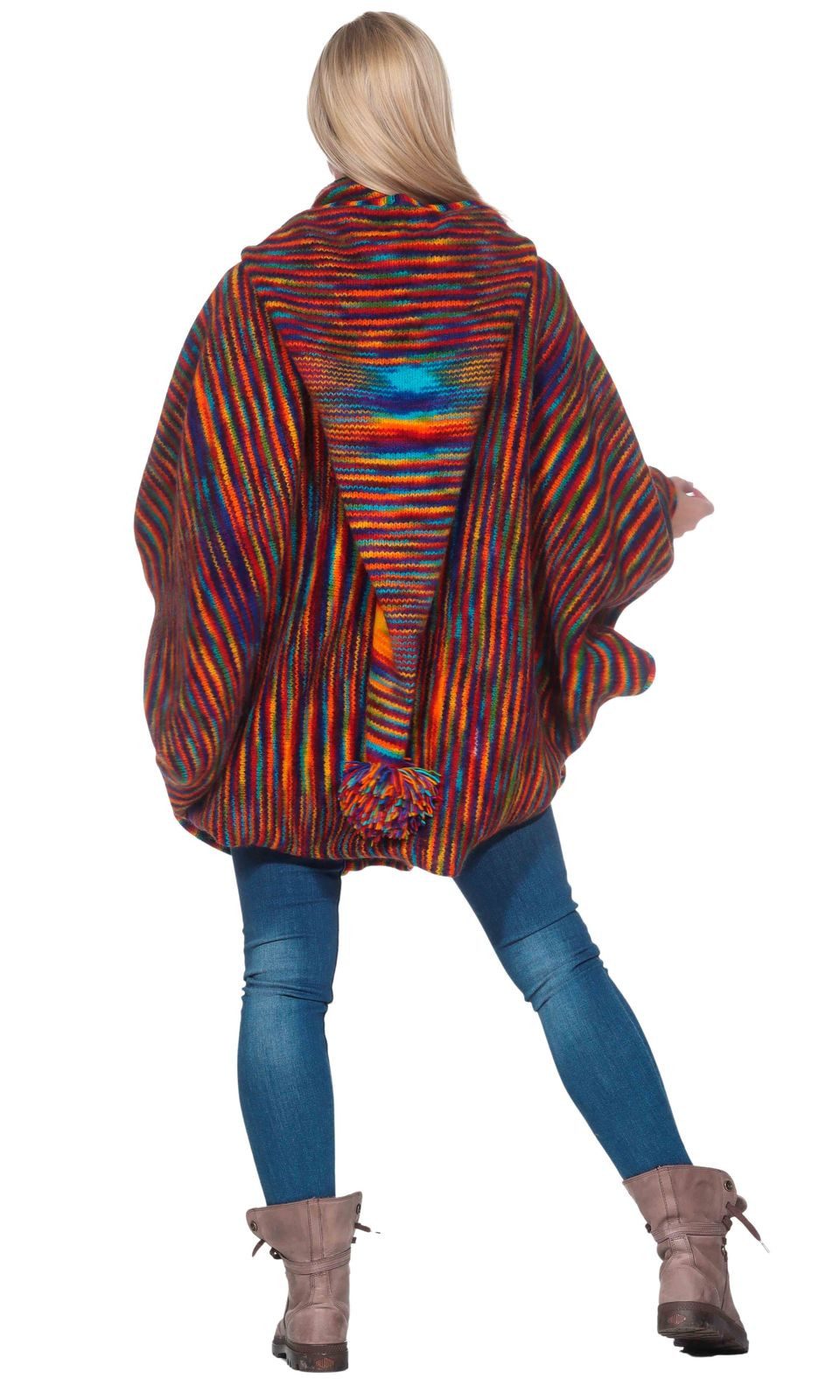 KUNST UND MAGIE Strickcape Strick Poncho+Zipfelkapuze Umhang Cape Jacke Winter Mantel Regenbogen