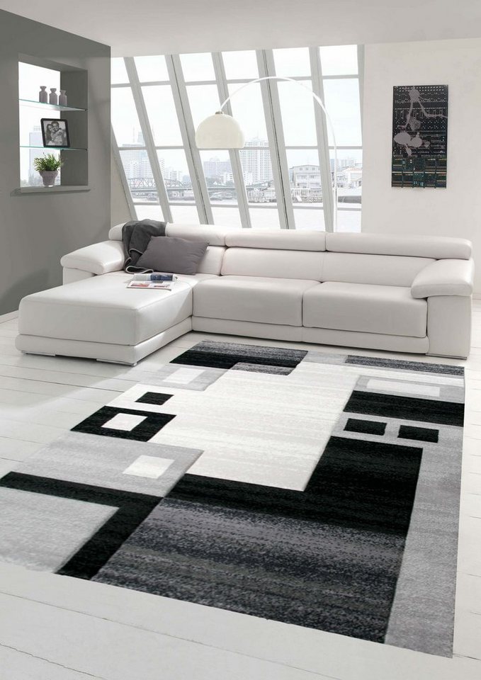 Teppich Flachflor Modern mit Karo-Muster in Grau Grün Wohnzimmer