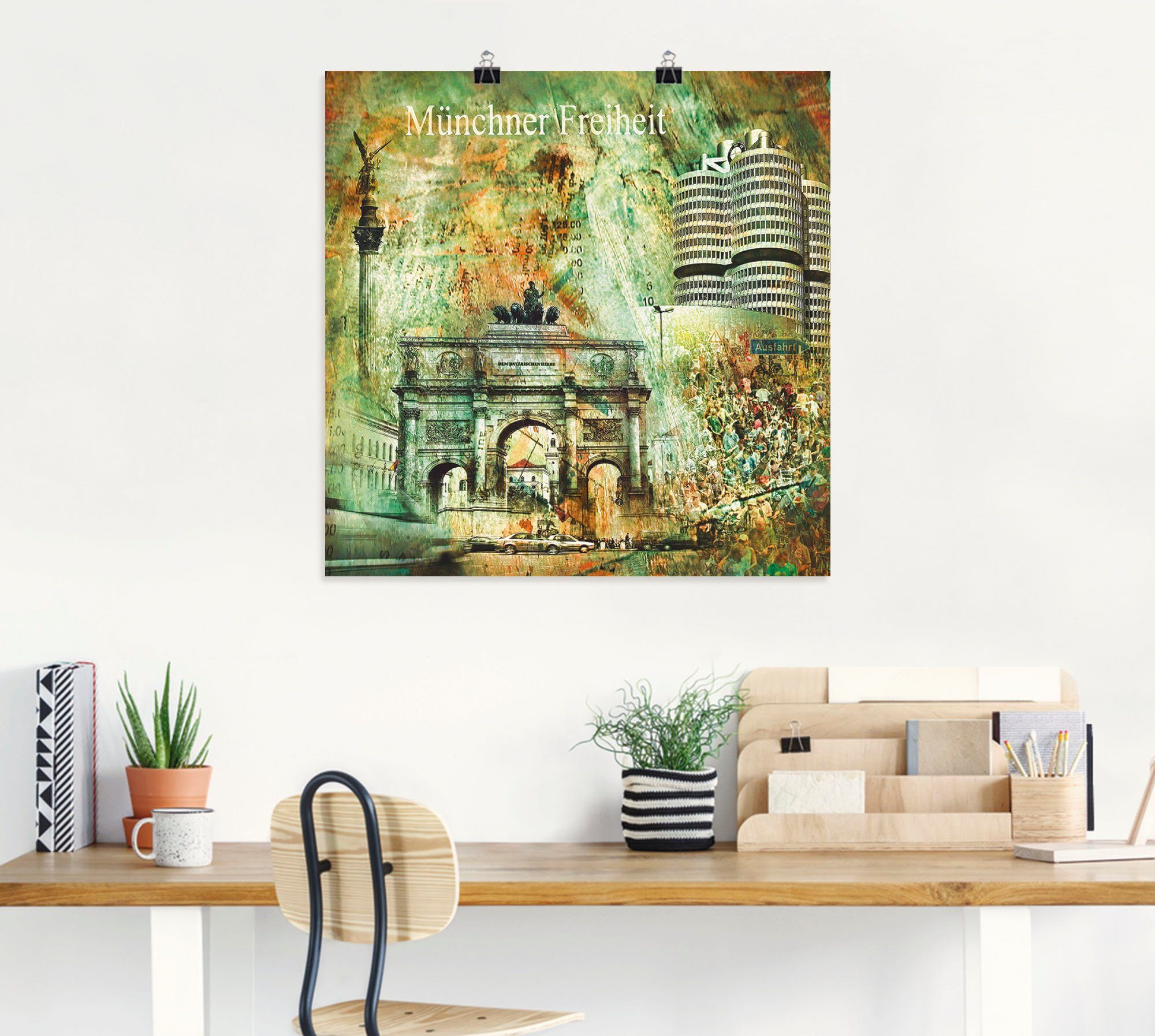 Poster Collage St), Skyline 03, Wandaufkleber Größen Artland Leinwandbild, Abstrakte in oder München Elemente als versch. Wandbild Architektonische (1