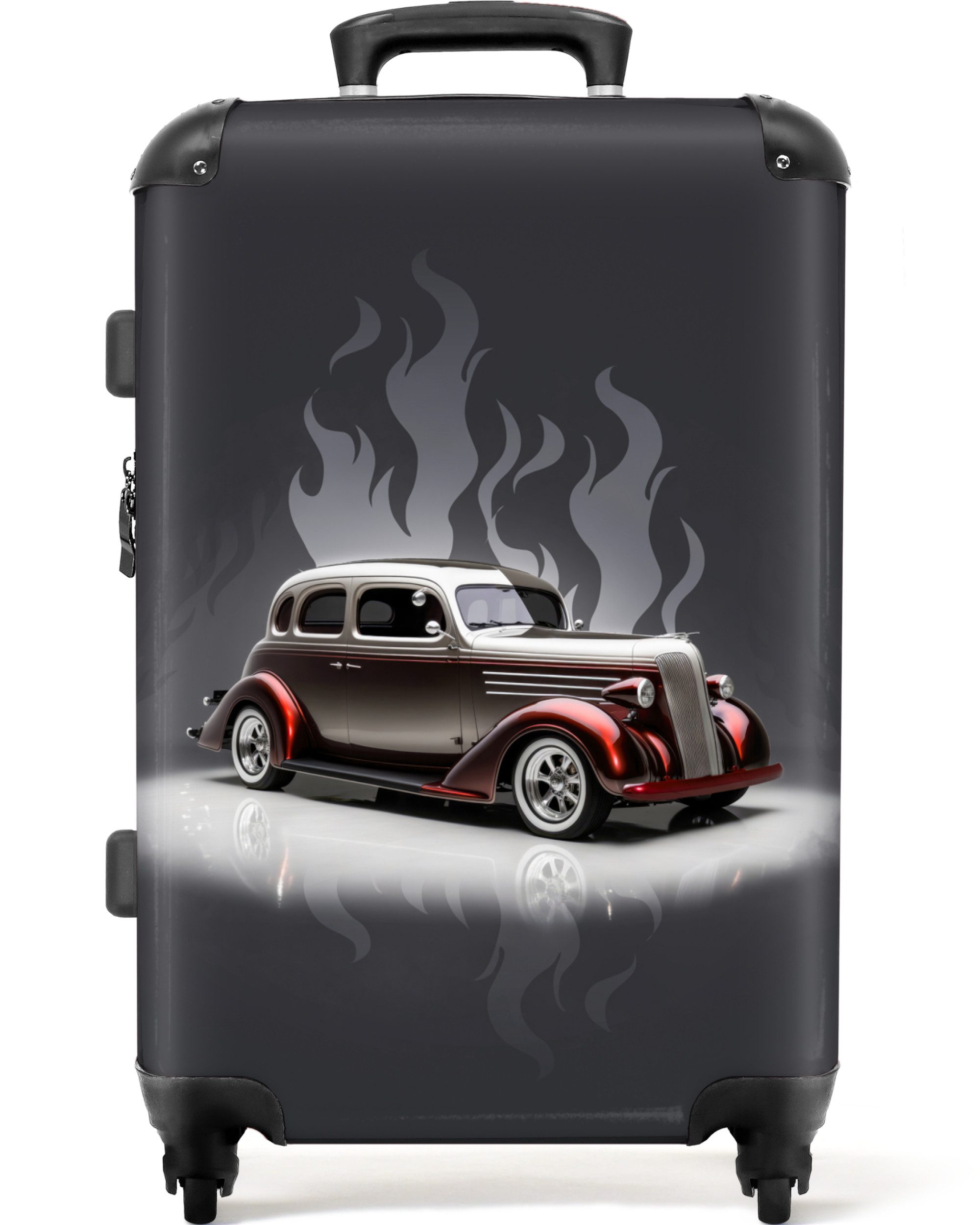 NoBoringSuitcases.com© Kinderkoffer mit leuchtende Räder - Auto - Weiß - Flammen - Vintage 67 cm - 72 L, 4 Rollen, Reisekoffer mit Rollen Mittelgroßer für 20kg, Jungenkoffer