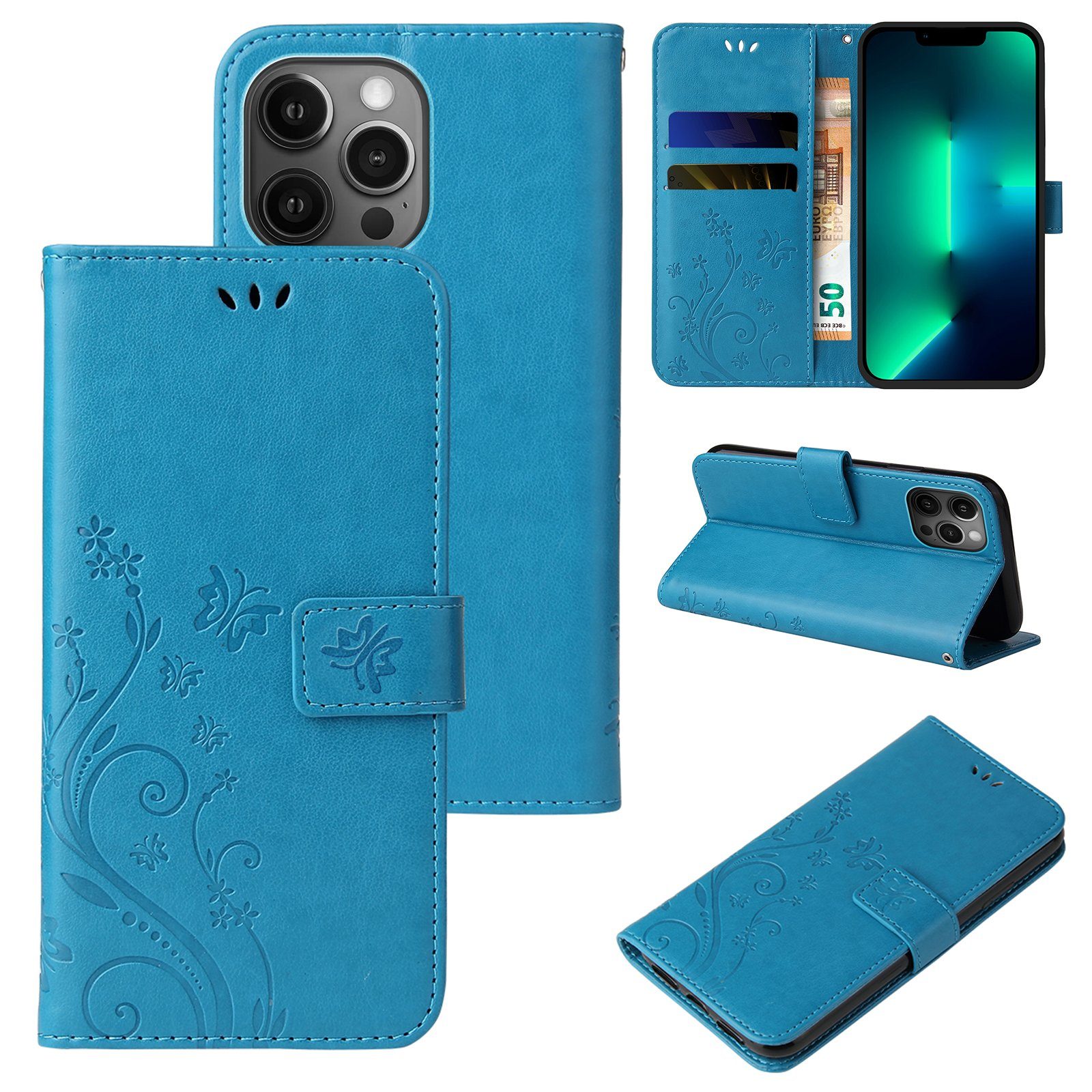 Tec-Expert Handyhülle Cover Tasche Hülle für Apple iPhone 13 Pro 6,1 Zoll, Klapphülle Case mit Kartenfach Fliphülle aufstellbar, Motiv Blumen
