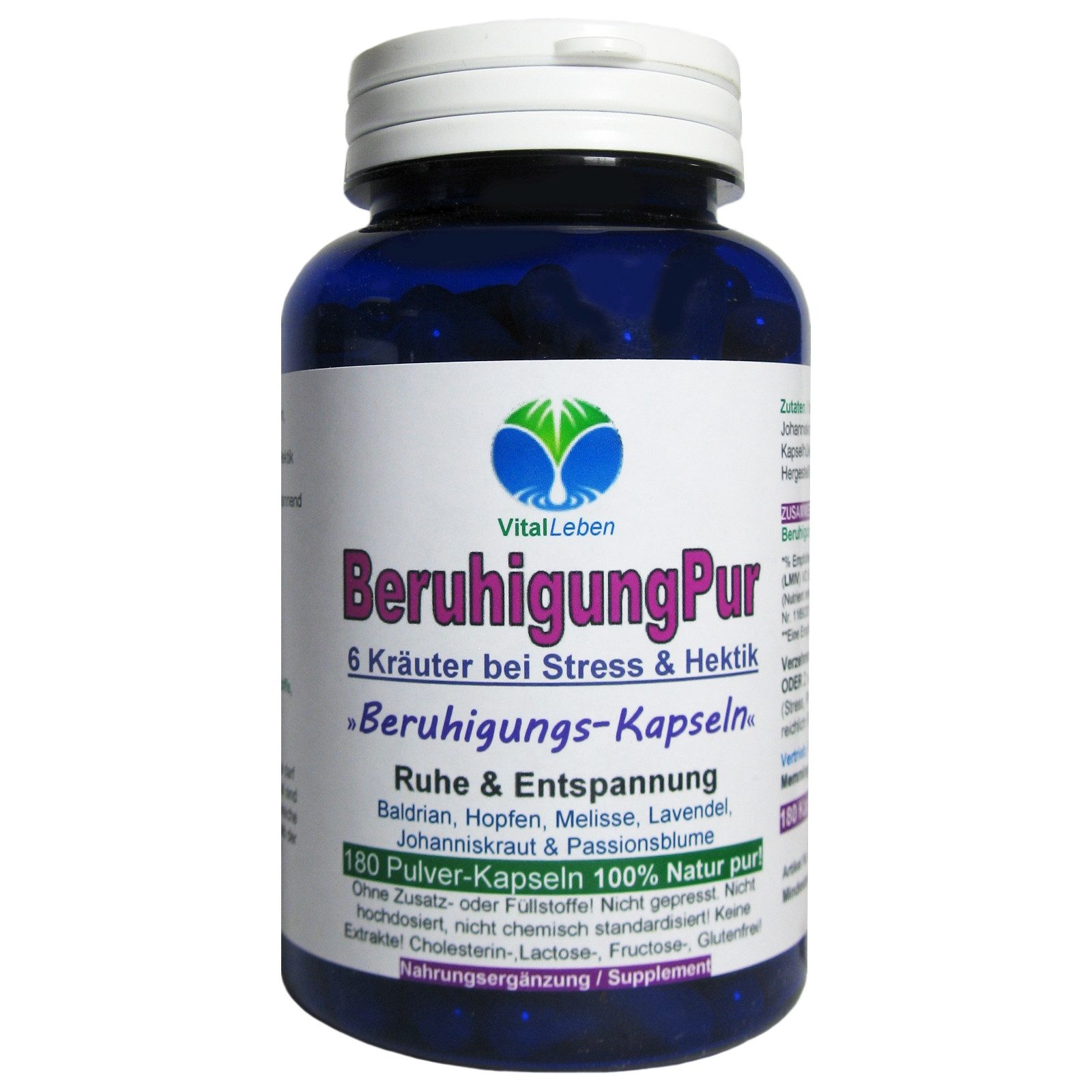 VitalLeben BERUHIGUNG Pur 6 beruhigende Kräuter - RUHE & Entspannung Kapseln, 1 er Dose à 180 St., 72 g
