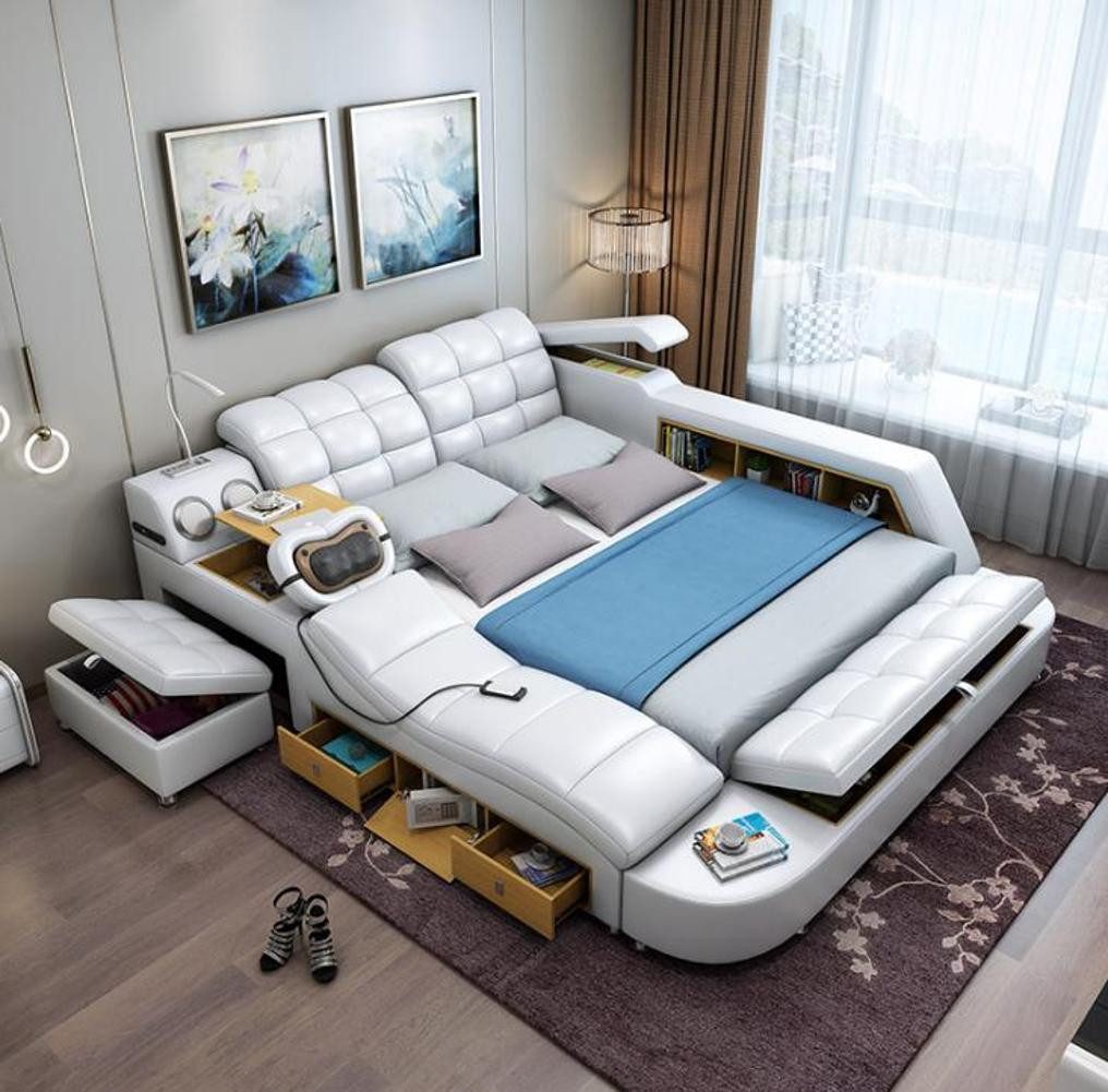 Xlmoebel Multimediabett Doppelbett mit Lederpolsterung, Regalen und Massagefunktion (1-tlg., Multifunktions Bett), Hergestellt in Europa