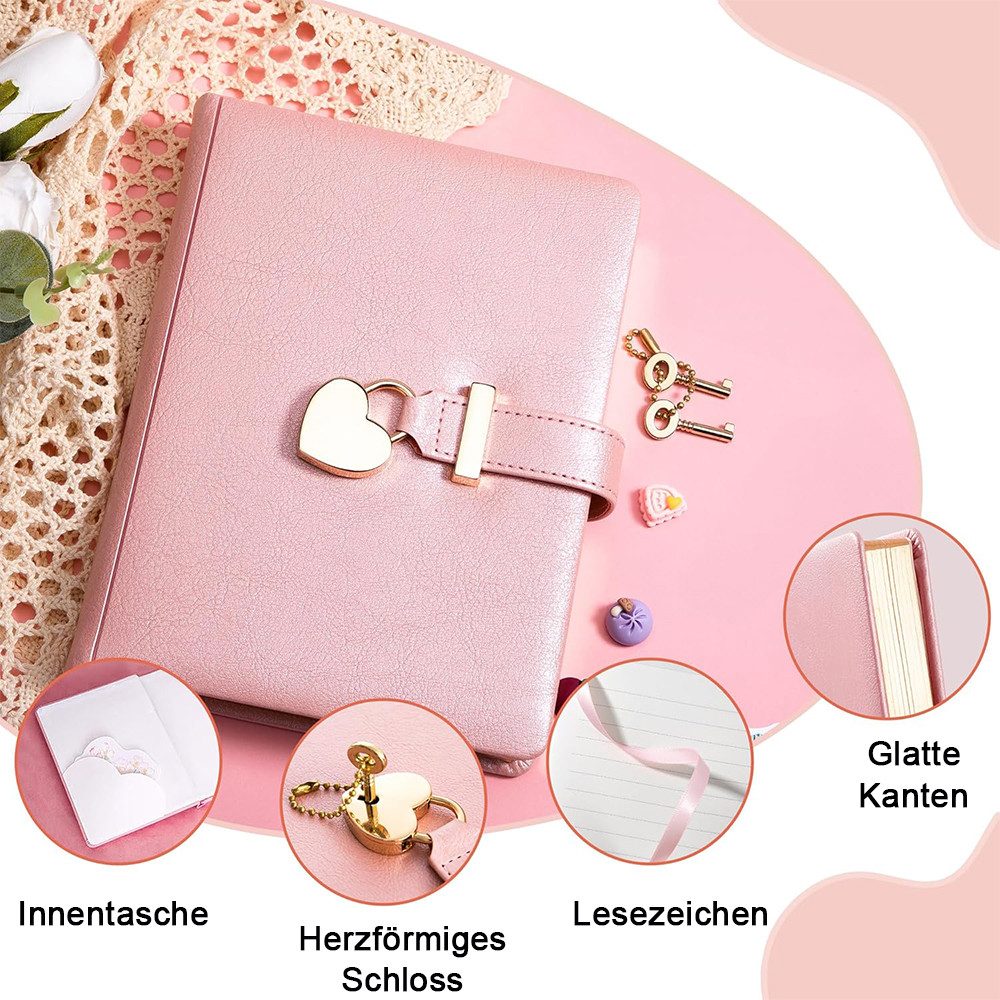 TUWENA Tagebuch Tagebuch mit Schloss für Mädchen, Notebook mit Herz Vorhängeschloss