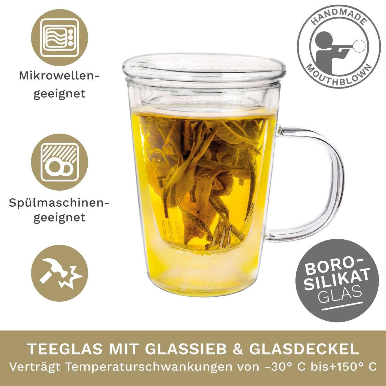 Creano Teeglas Creano Teeglas 400ml - mit Sieb und Deckel aus Glas