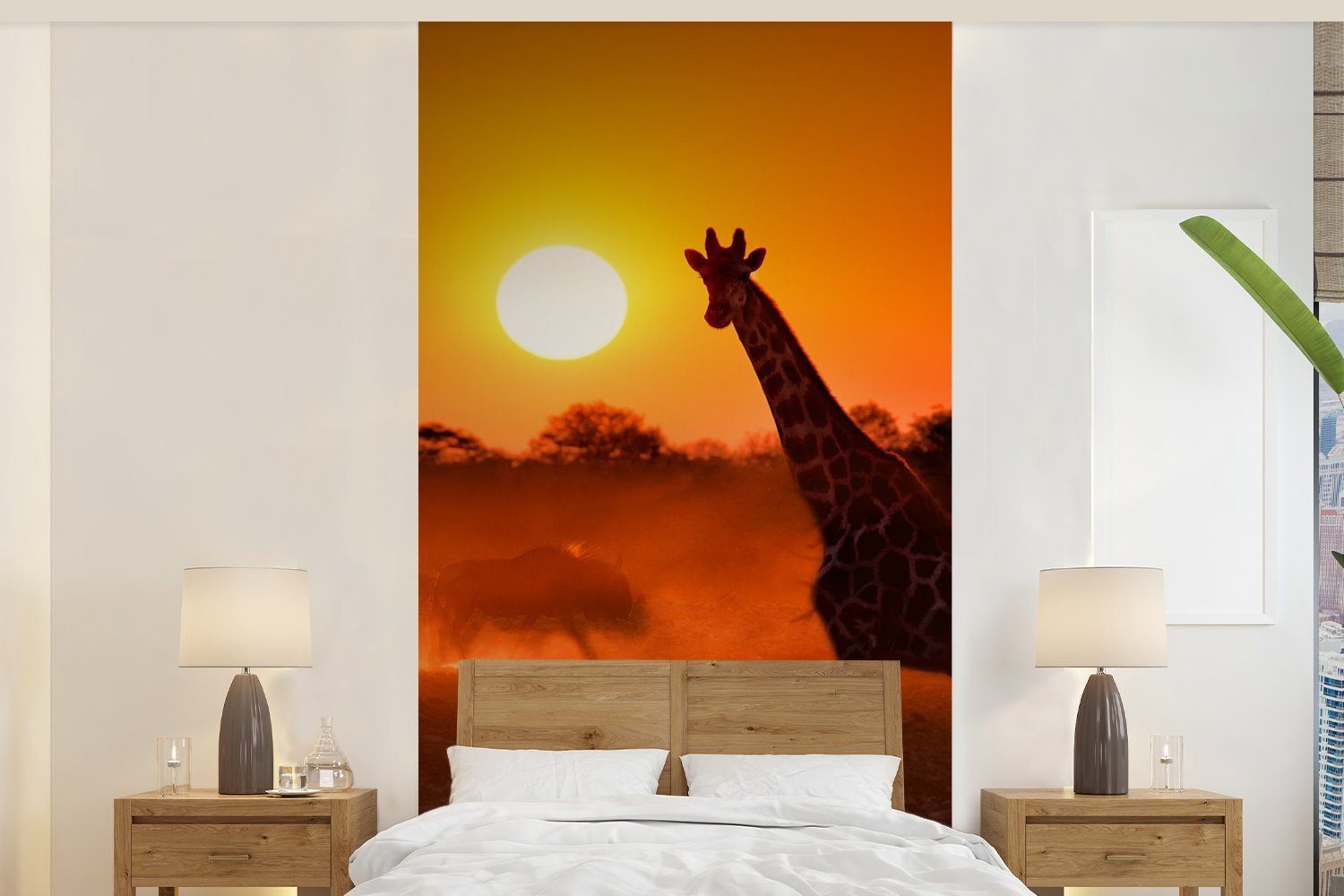 MuchoWow Fototapete Giraffe - Sonne - Savanne, Matt, bedruckt, (2 St), Vliestapete für Wohnzimmer Schlafzimmer Küche, Fototapete