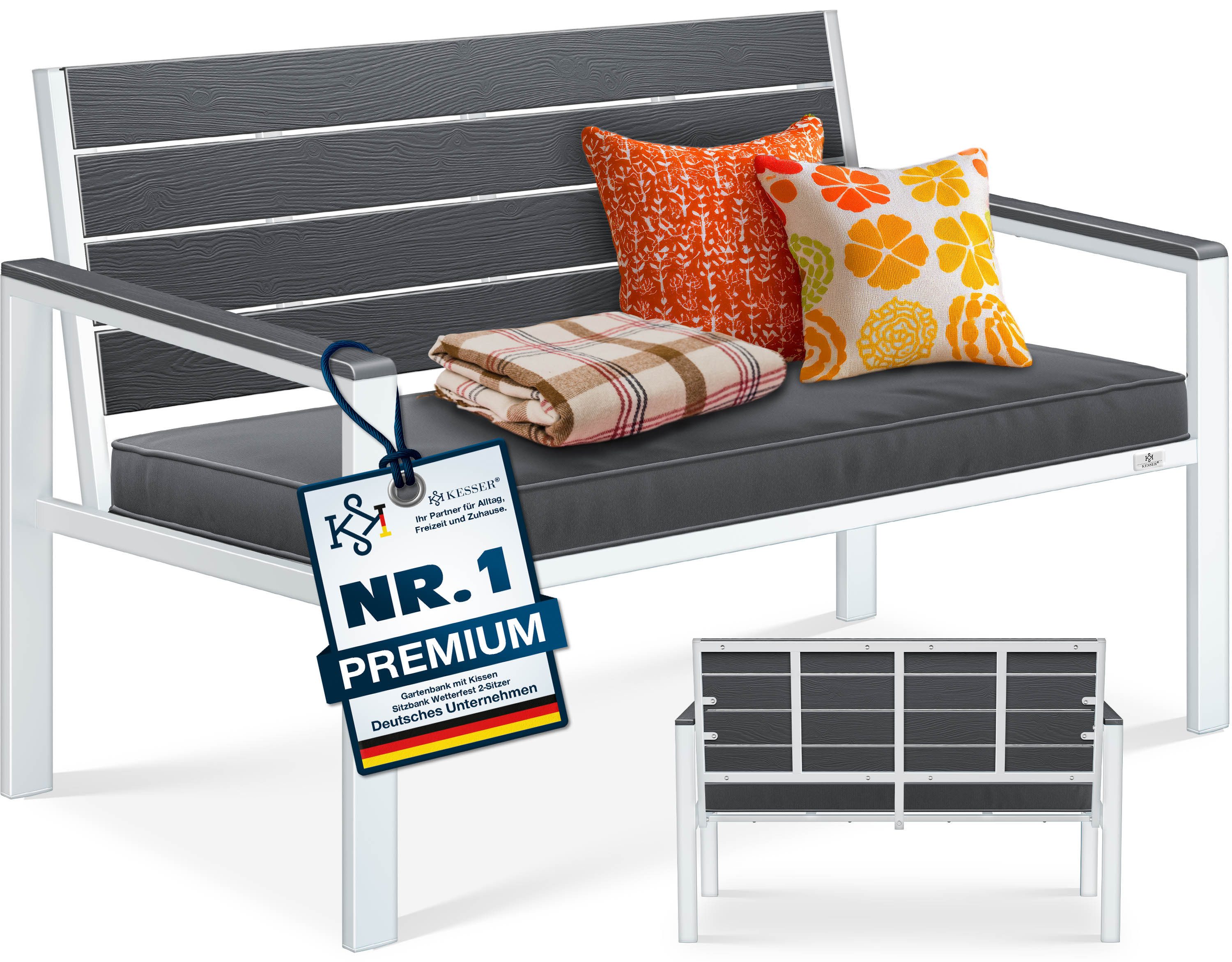 KESSER Gartenbank 2-Sitzer Balkonbank in Holzoptik bis 300 kg belastbar (Parkbank inkl. abnehmbarem & waschbarem Sitzpolster & Montagezubehör), UV-beständige Sitzbank für Garten, Terrasse & Balkon