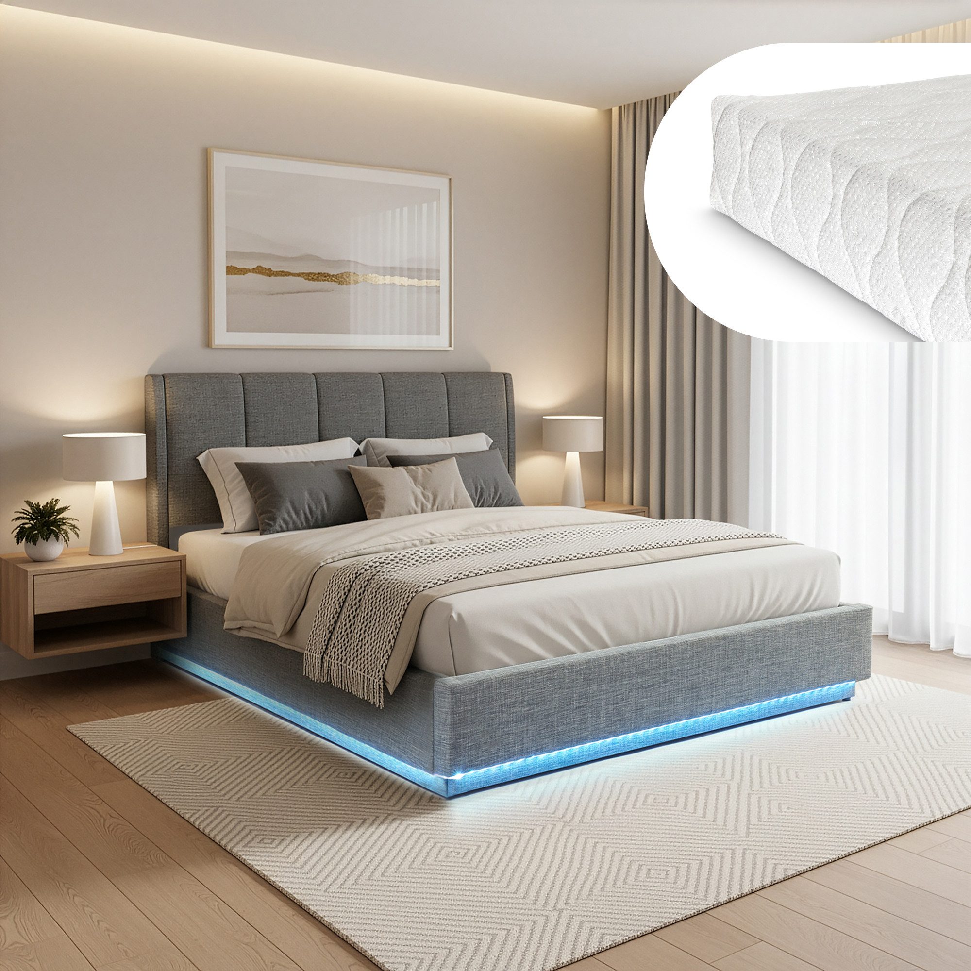 en.casa Polsterbett, mit Matratze »Tröstiar« mit LED-Beleuchtung 160x200cm Anthrazit