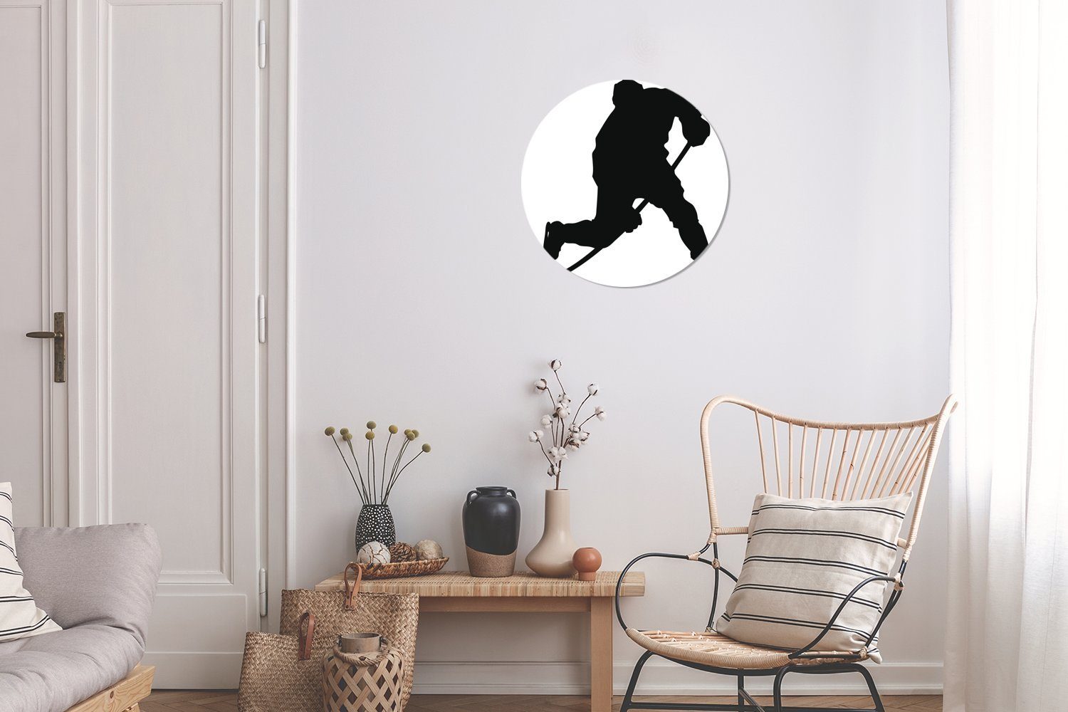 Kreis Forex, Illustration, MuchoWow Gemälde 30x30 in Eishockeyspieler Ein einer dribbelnder Wohnzimmer, cm Rundes (1 Wanddekoration St), Wandbild,