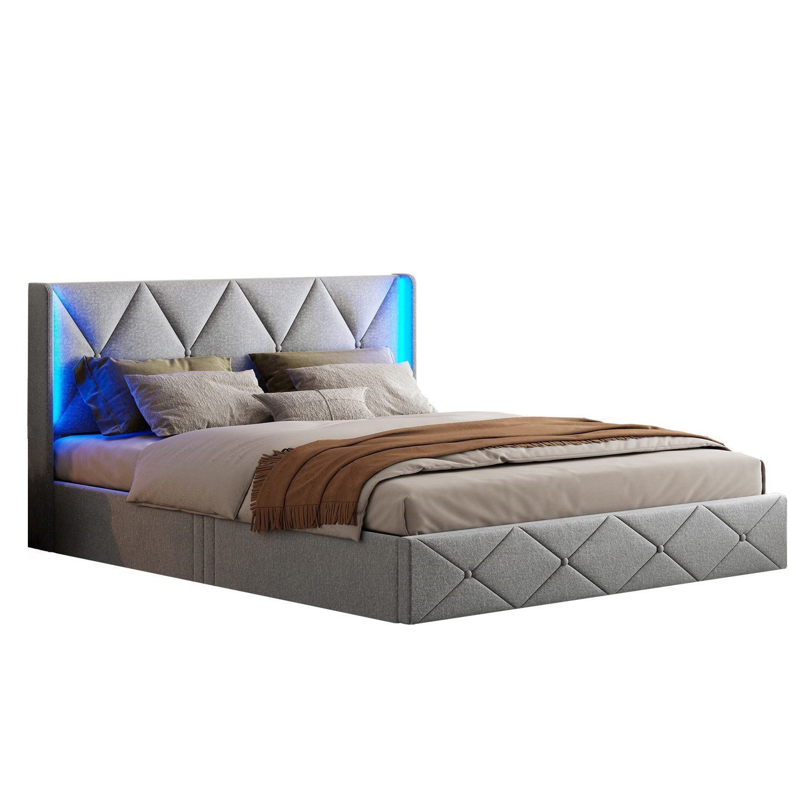 ADWOLT Stauraumbett Polsterbett Doppelbett mit LED-Beleuchtung Kopfteil (Bettgestell mit Metallrahmen und Lattenrost), Hydraulisches Funktionsbett, ohne Matratz – Bild 5 von 5