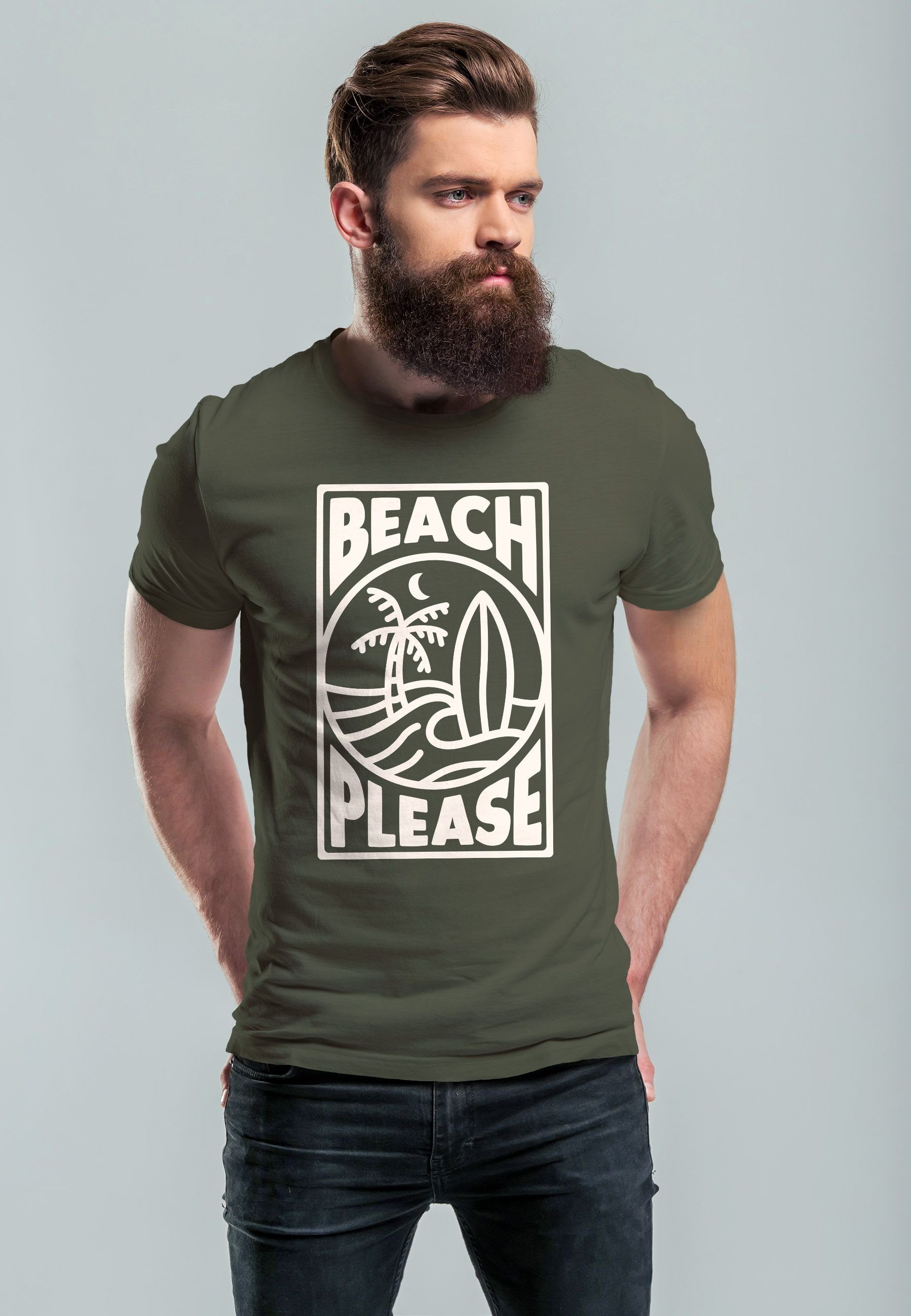 mit Print T-Shirt Please Wave Print-Shirt Surfboard Welle Beach Sommer Surfing Neverless Print Herren army