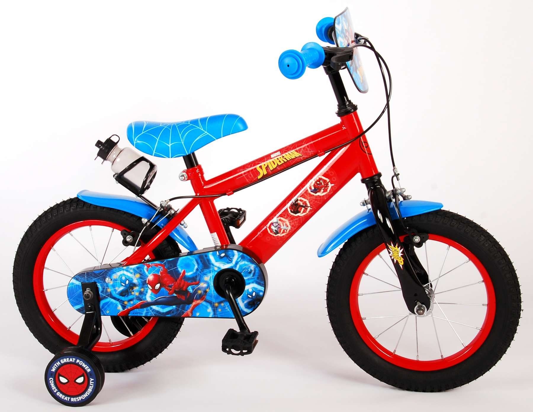 TPFSports Kinderfahrrad Disney Spider Man 14 Zoll, 1 Gang, (Jungs Fahrrad - Rutschfeste Sicherheitsgriffe), Kinder Fahrrad 14 Zoll mit Stützrädern - Rot | Kinderfahrräder