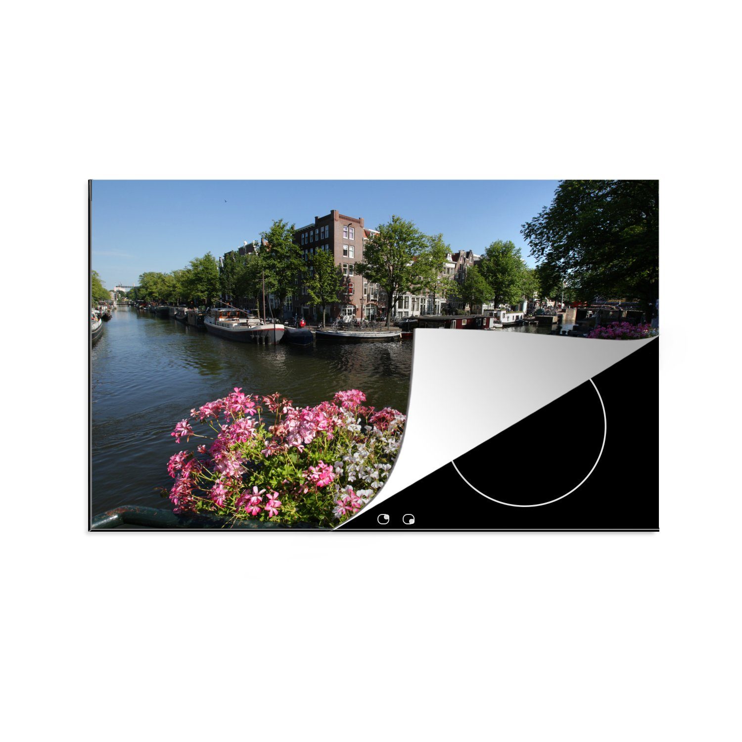 MuchoWow Herdblende-/Abdeckplatte Amsterdamer Grachtenhäuser mit Blumen, Vinyl, (1 tlg), 81x52 cm, Induktionskochfeld Schutz für die küche, Ceranfeldabdeckung