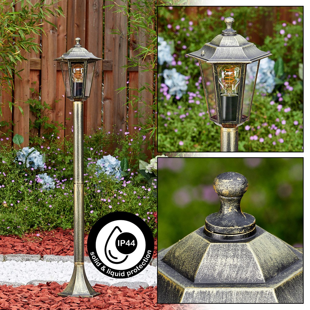 hofstein Pollerleuchte Wegeleuchte aus Metall/Glas in Gold-Braun/Klar, ohne Leuchtmittel, antike Außenleuchte, Gartenlampe, Gartenbeleuchtung IP44, 1 x E27