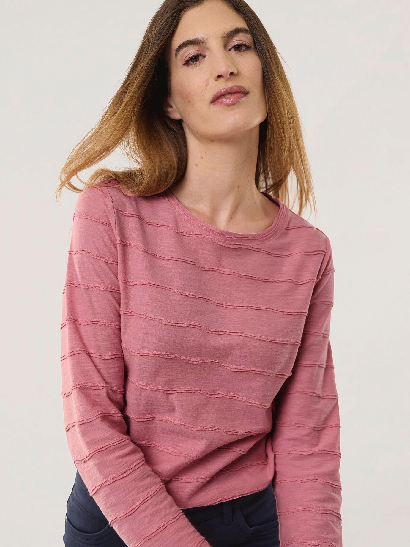 Walbusch Langarmshirt Damen Baumwollshirt Streifenstruktur LA Rundhals Langarm 100% Baumwolle, atmungsaktiv, pflegeleicht, komfortable Passform
