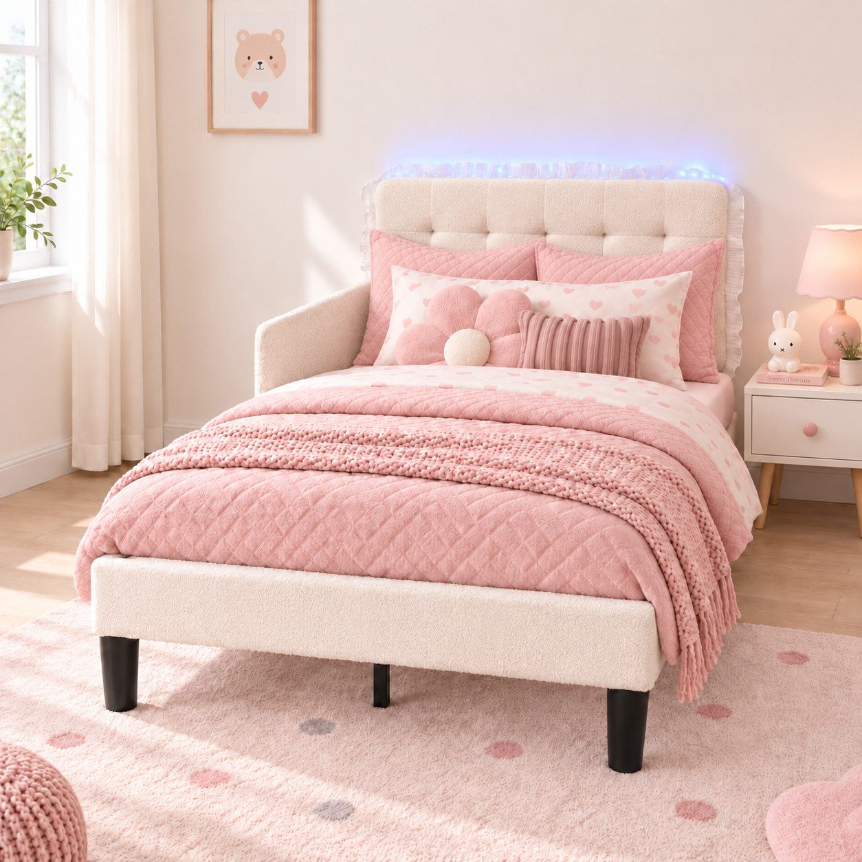 Patbrela Kinderbett Mädchenbett 90 × 200 cm mit Rausfallschutz, Teddyfleece-Bezug, LED-Licht, Lattenrost & höhenverstellbarem …