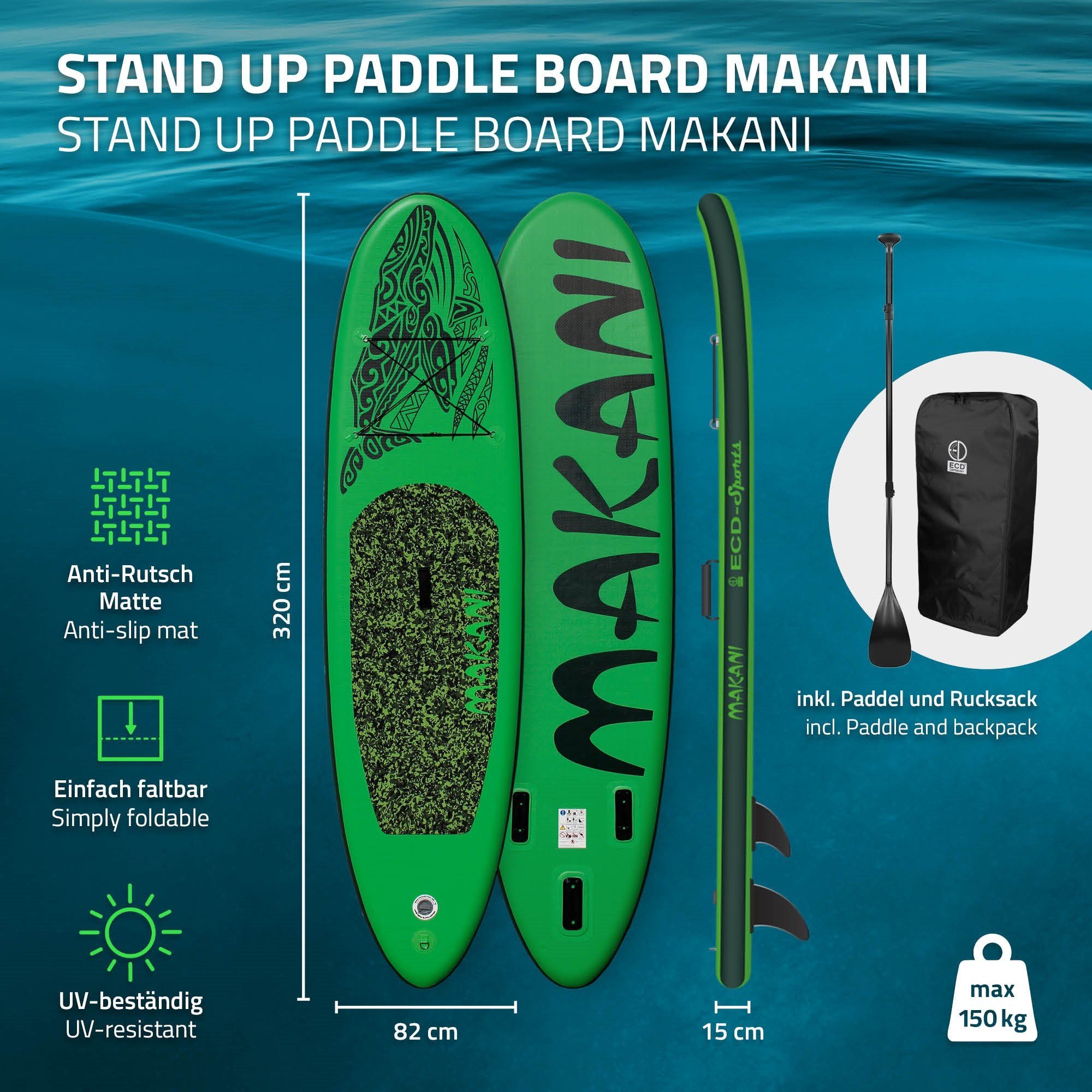Zubehör Paddle Grün Stand Makani ECD 150kg Tragetasche SUP-Board Board PVC Germany Pumpe bis Surfboard, Up Aufblasbares 320x82x15cm