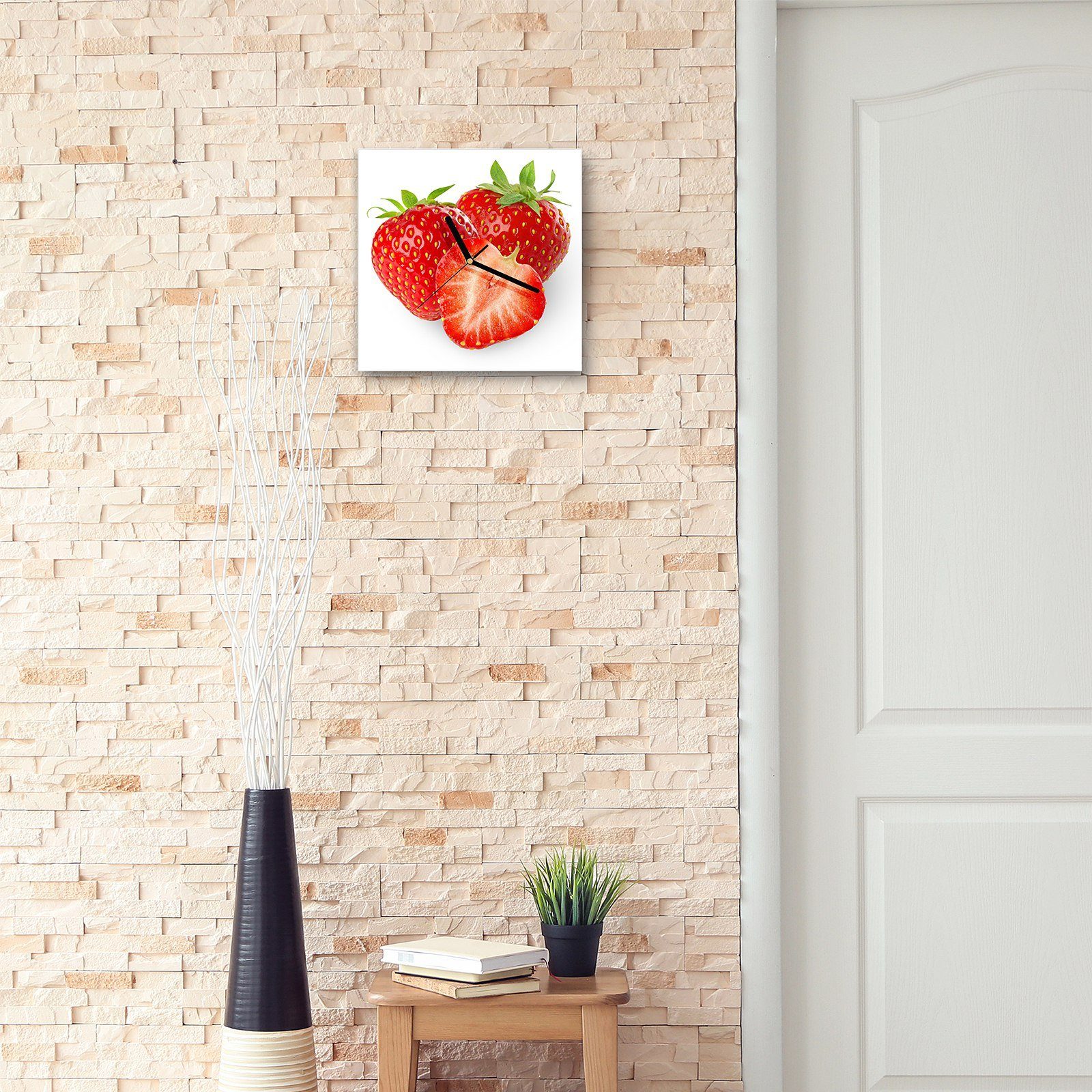 Schöne mit cm Wanduhr Motiv Wandkunst Größe Erdbeeren Primedeco x 30 Glasuhr Wanduhr 30
