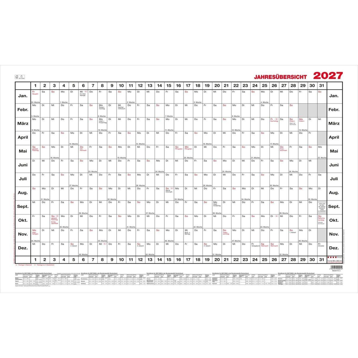 GÜSS Kalender Jahresplaner Jahresübersicht 100x60cm quer im Versandrohr Kalendarium 2027