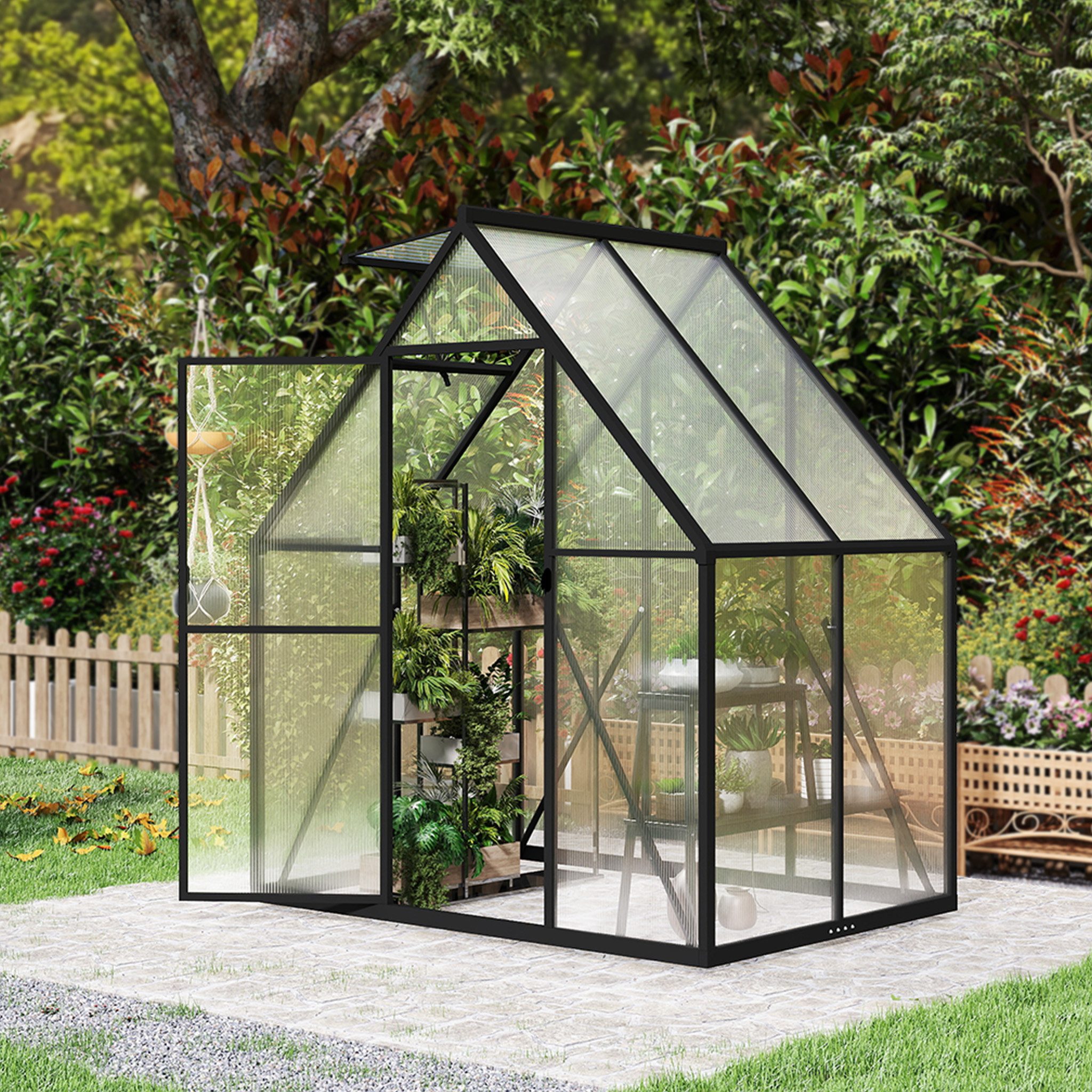 FIVMEN Gewächshaus Premium Gartengewächshäuser Aluminium mit 6 cm Fundament, 4 mm PC Platte Treibhaus Tomatenhaus Gartenhaus UV beständig