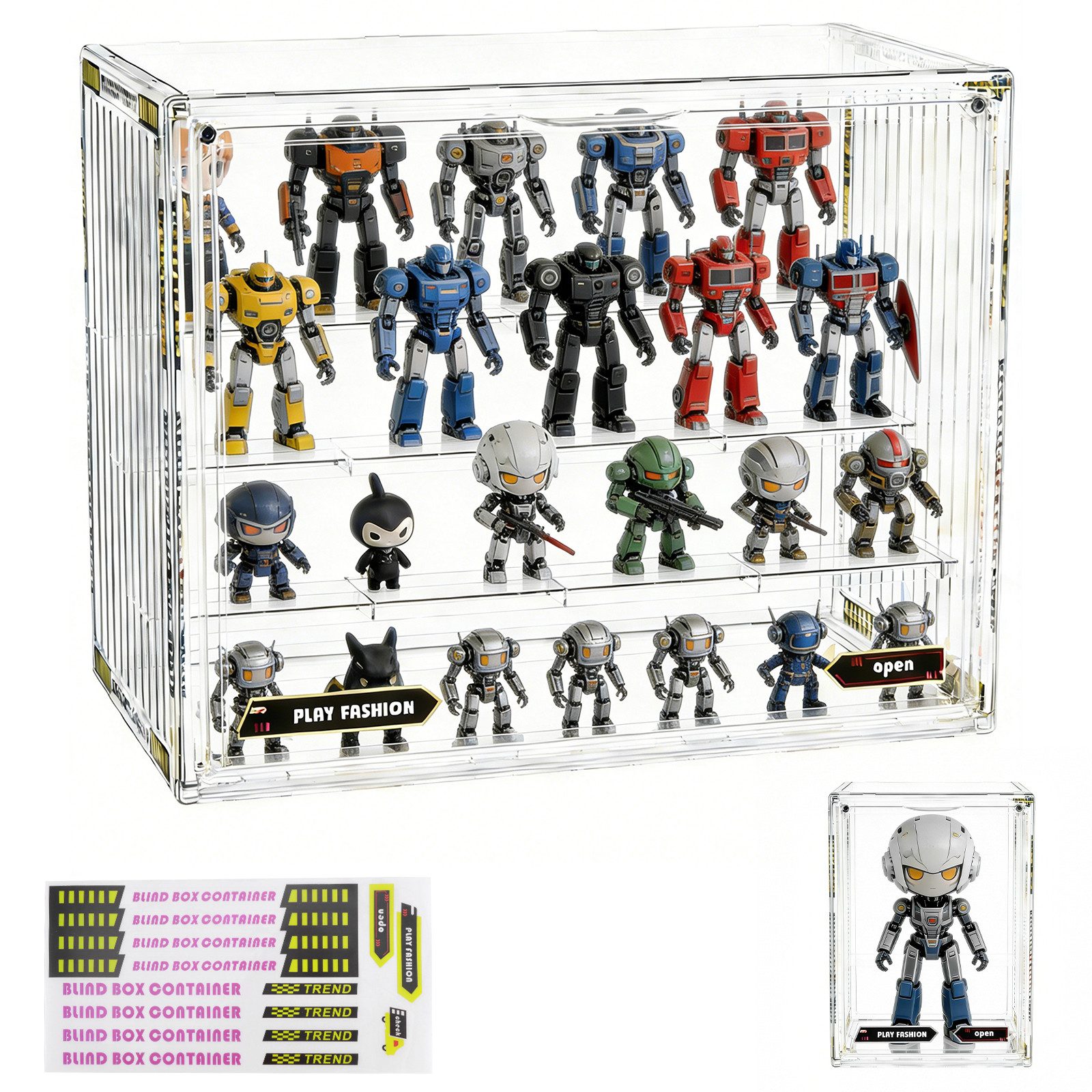 BlingBin Vitrine Acryl Schaukasten für Figuren & Modelle, mit Staubschutz (1er Set, 1-St., Transparente Acryl-Vitrine für Sammlerstücke, 4 Ebenen, 36 x 23 x 27cm) Acryl-Aufbewahrungsbox mit Magnetverschluss, für Sammlerstücke, Puppen