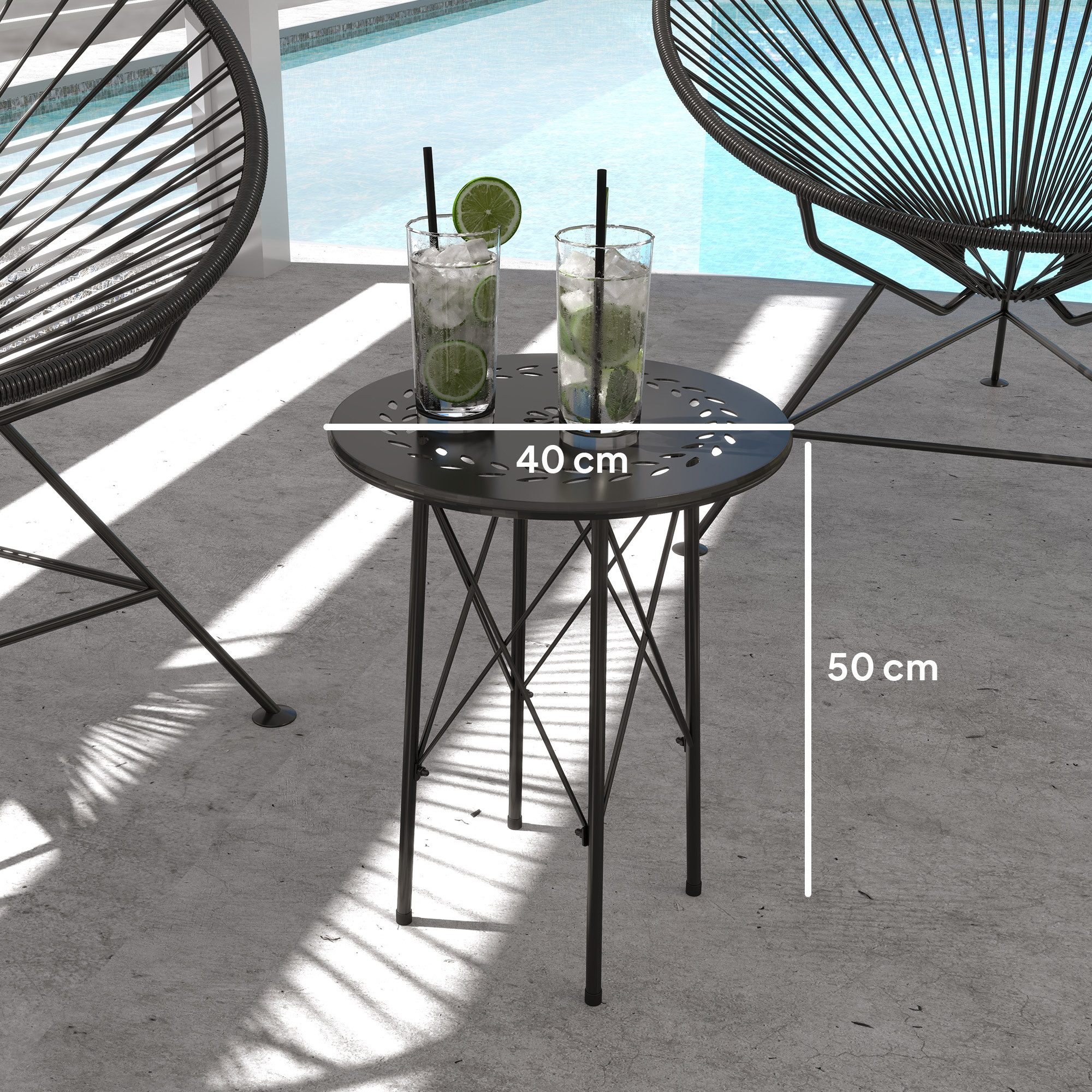 Outsunny Gartentisch Ø40 x 50cm, aus Stahl, mit Blumendesign, Schutzfüße (klappbar Terrassentisch, 1-St., Wetterfest Balkontisch), für Garten, Terrasse, Balkon, Schwarz