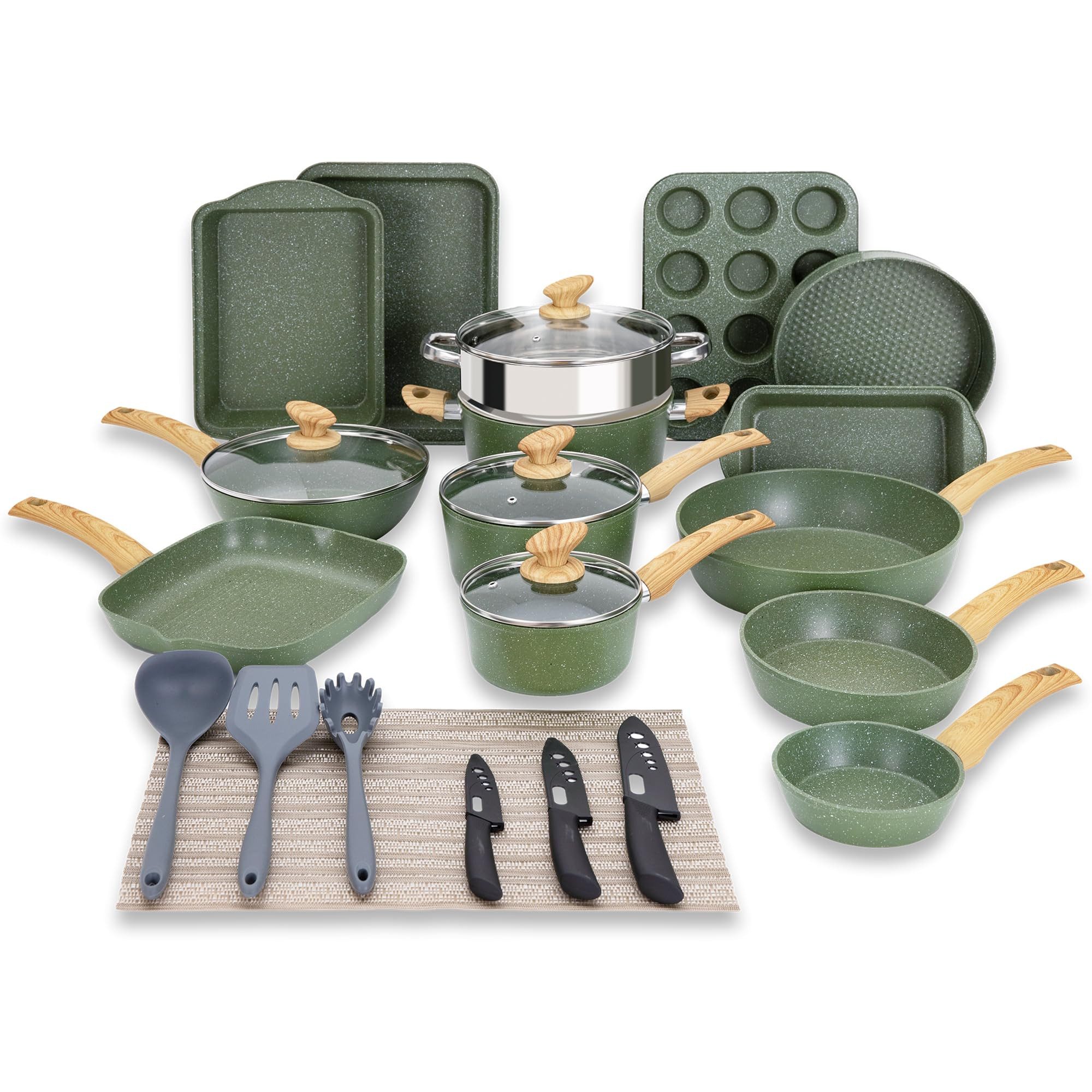 Kitchen Academy Topf-Set, Aluminium, Granit (30-tlg, Pfanne 14/20/24,5/28 cm, Bratpfanne 24,5cm, Kasserolle 1,5/3/5 qt, 2 Backform, Kastenform, Rundeform, Muffinform, Silikonbesteck), Küche Induktion Kochgeschirr & Backgeschirr Set 30-teiliges
